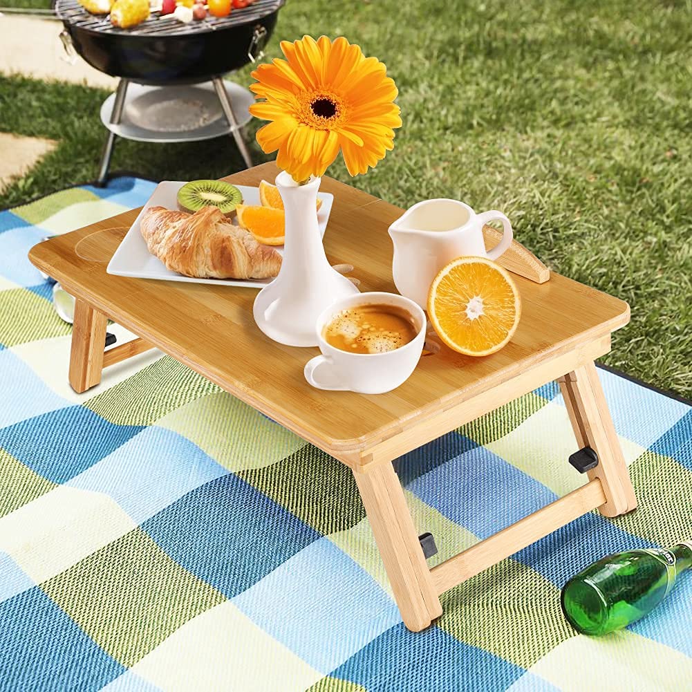 Escritorio portátil de bambú para Cama, con Patas Ajustables para Laptop con Tapa abatible y cajón para sofá Cama