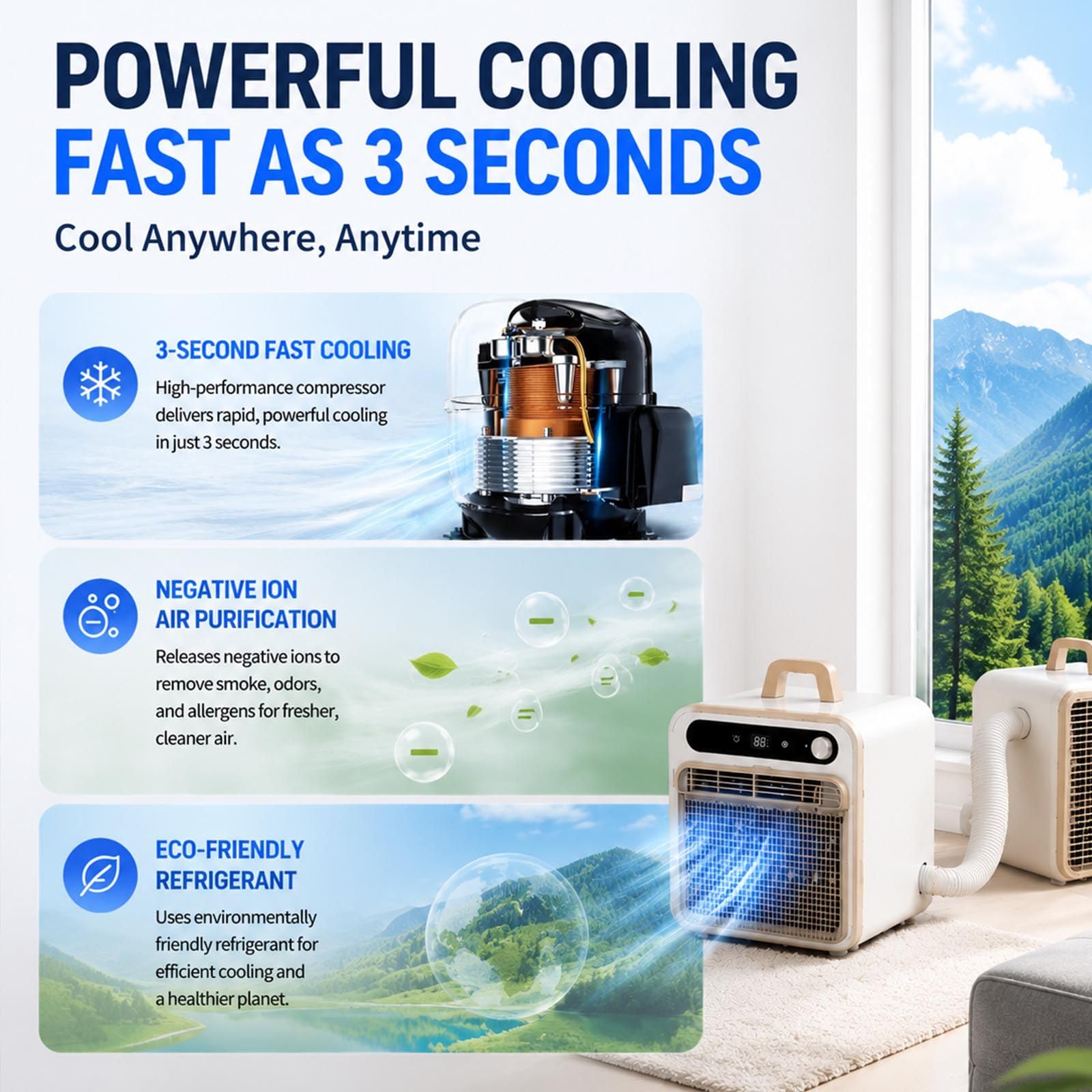 Przenośny klimatyzator typu split 1500 W – cicha jednostka chłodząca z przepływem powietrza 130 m³/h, timerem 12-godzinnym i pilotem; w zestawie RotaryKnobVersion+Remotecontrol-1M
