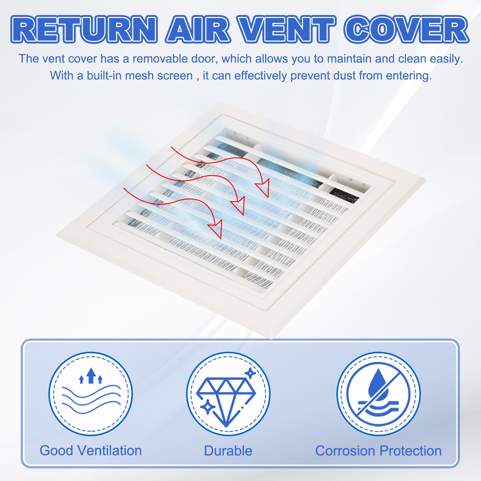 Cubierta de ventilación de plástico blanco de alta calidad de 12 x 12 pulgadas, rejilla de aire de retorno extraíble con filtro de malla para rejillas de ventilación de pared/techo, solución mejorada