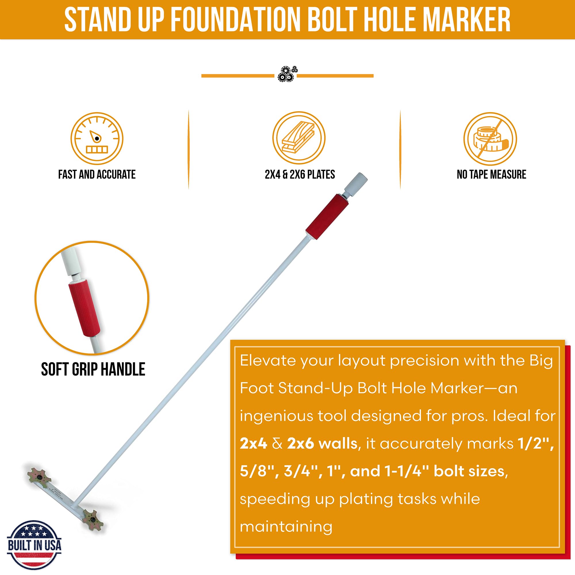 Big Foot Stand-Up Bolt Hole Marker - Precision Construction Marker For 2x4 And 2x6 Walls, Deep Hole Marker Tool For Accurate Anchor Bolt Layout — Amazon image 3