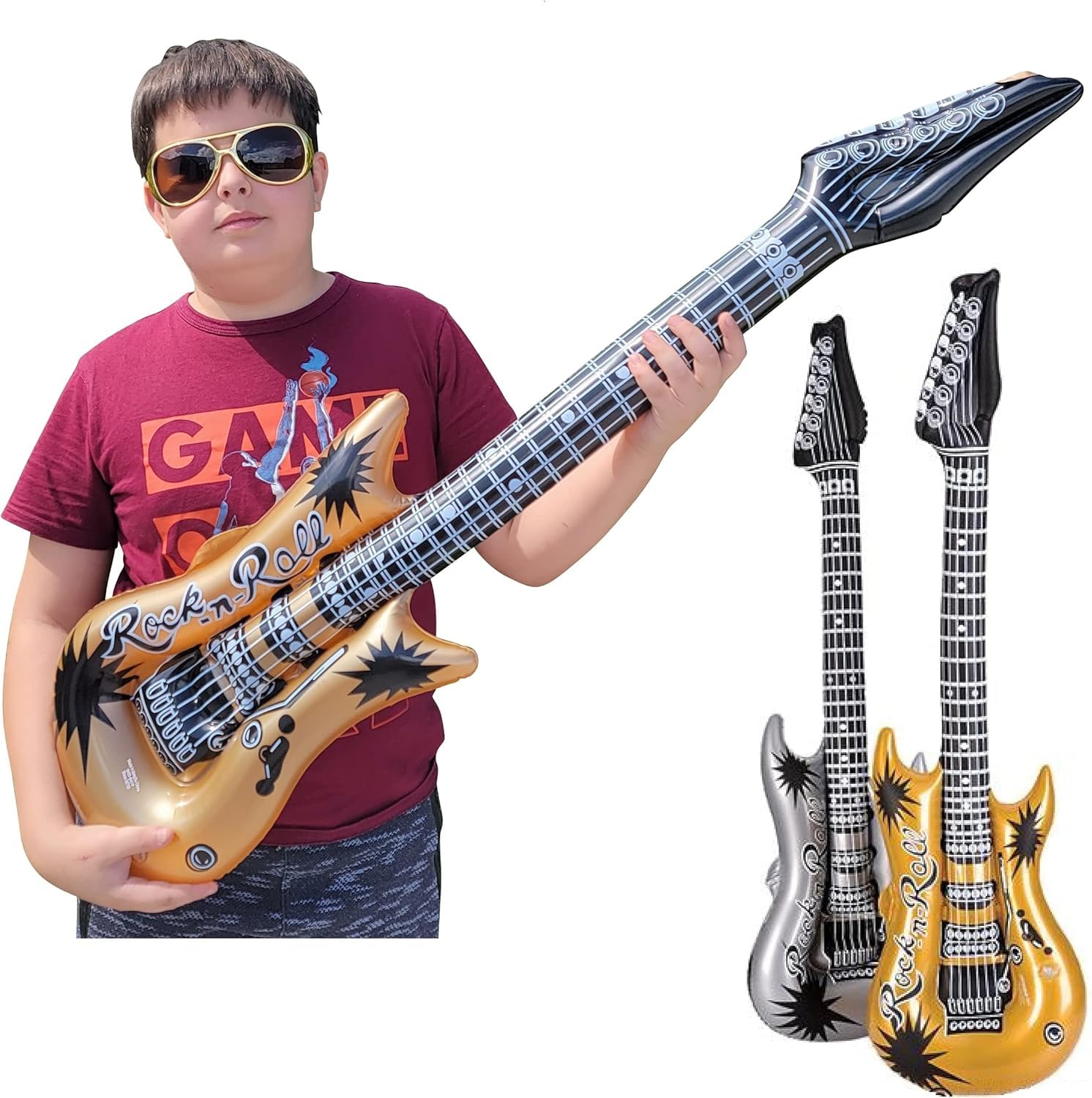 Gold and Silver Rock Inflatable Guitars (42 Inches) Vinyl. Perfect Party Favor, DJ Dance 80s Rocker (Silver and Gold, 6, Pack)