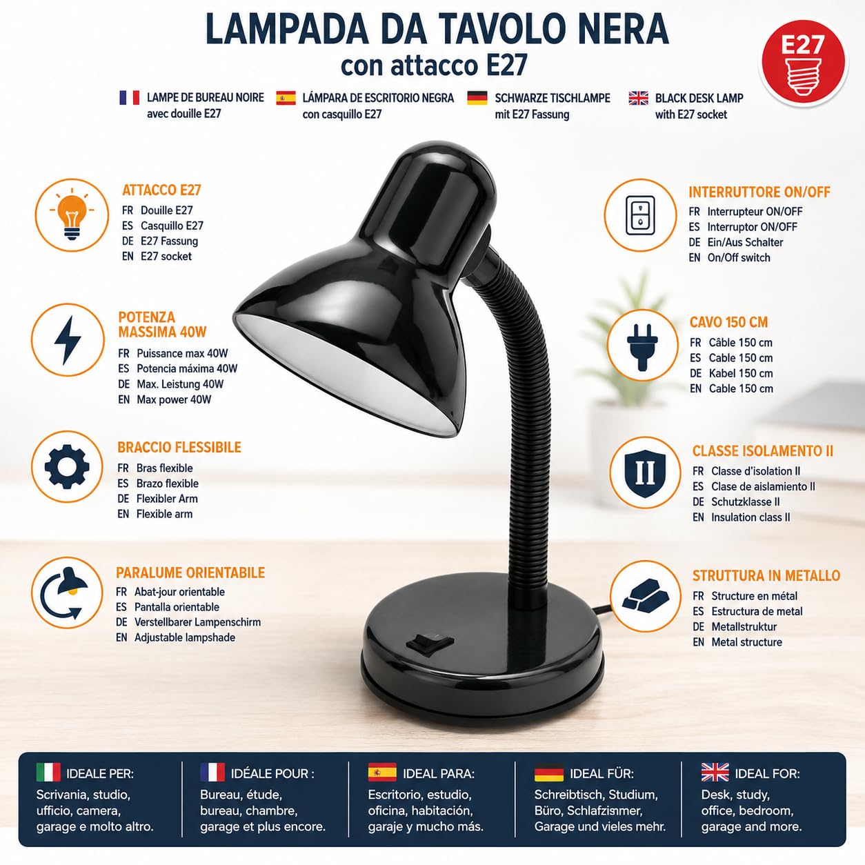 Velamp tl1201-n Charleston lámpara de mesa E27