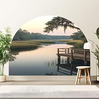 Arch Wall Decals Peel and Stick Lake Landscape Nature Scene Dock Sunset Calm Pier Wooden Pier Calm Boho Headboard Large Wall Sticker Self Adhesive Removable Mural Decor for Bedroom Nursery 83"x61"