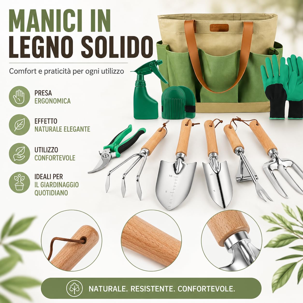 Set Attrezzi da Giardinaggio 10 Pezzi – Kit Completo con Paletta, Trapiantatore, Forchetta, Rastrello, Forbici da Potatura, Guanti, Spruzzino e Ginocchiere