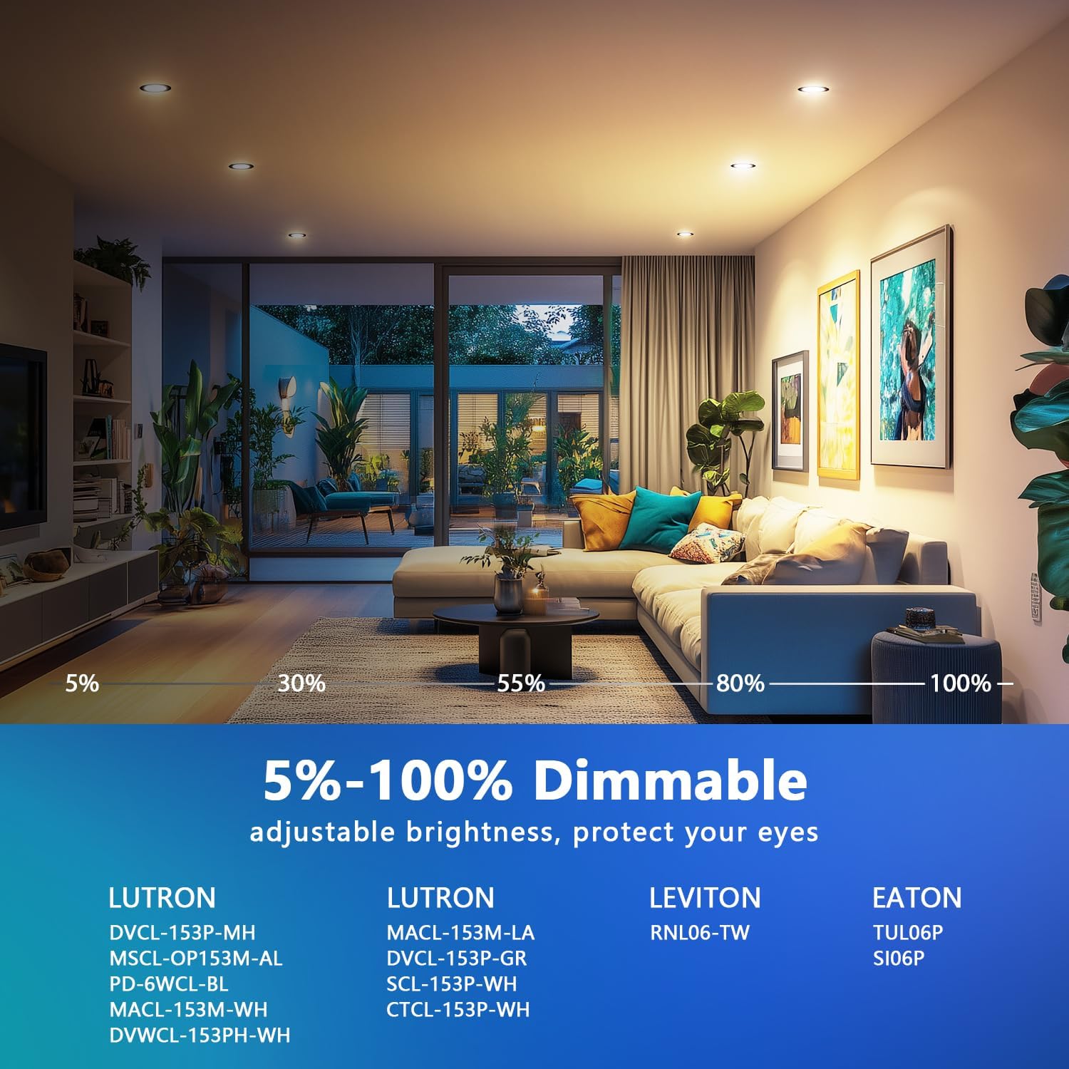 Image showing a living room with recessed lights dimming from 5% to 100% brightness.