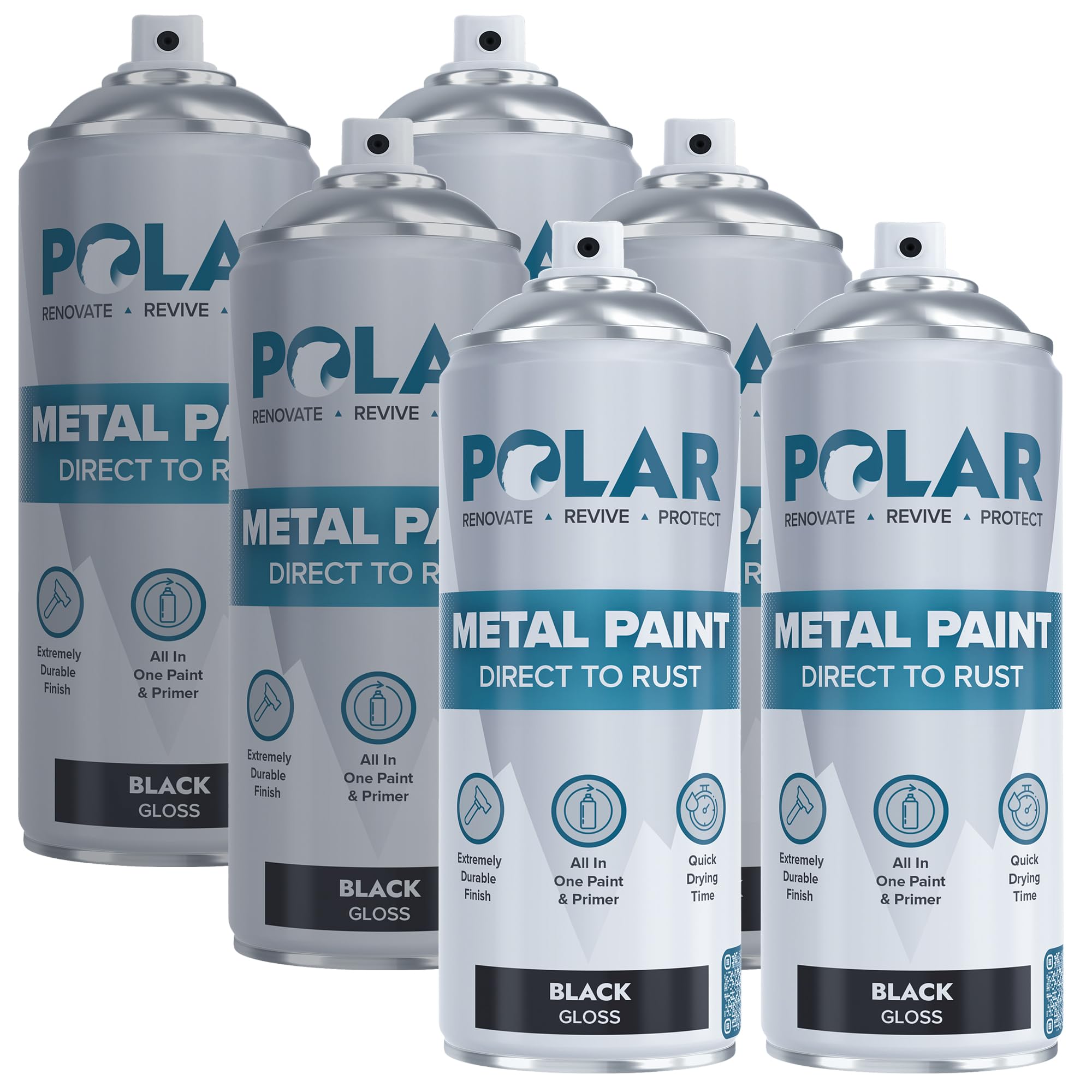 Polar Metal Spray Paint - 6 x 13.5 Fl oz | Gloss Black | Protect and Stop Rust & Corrosion | Primer, Undercoat, Topcoat for Interior & Exterior Use | Black Spray Paint for Metal, Wood & Plastic