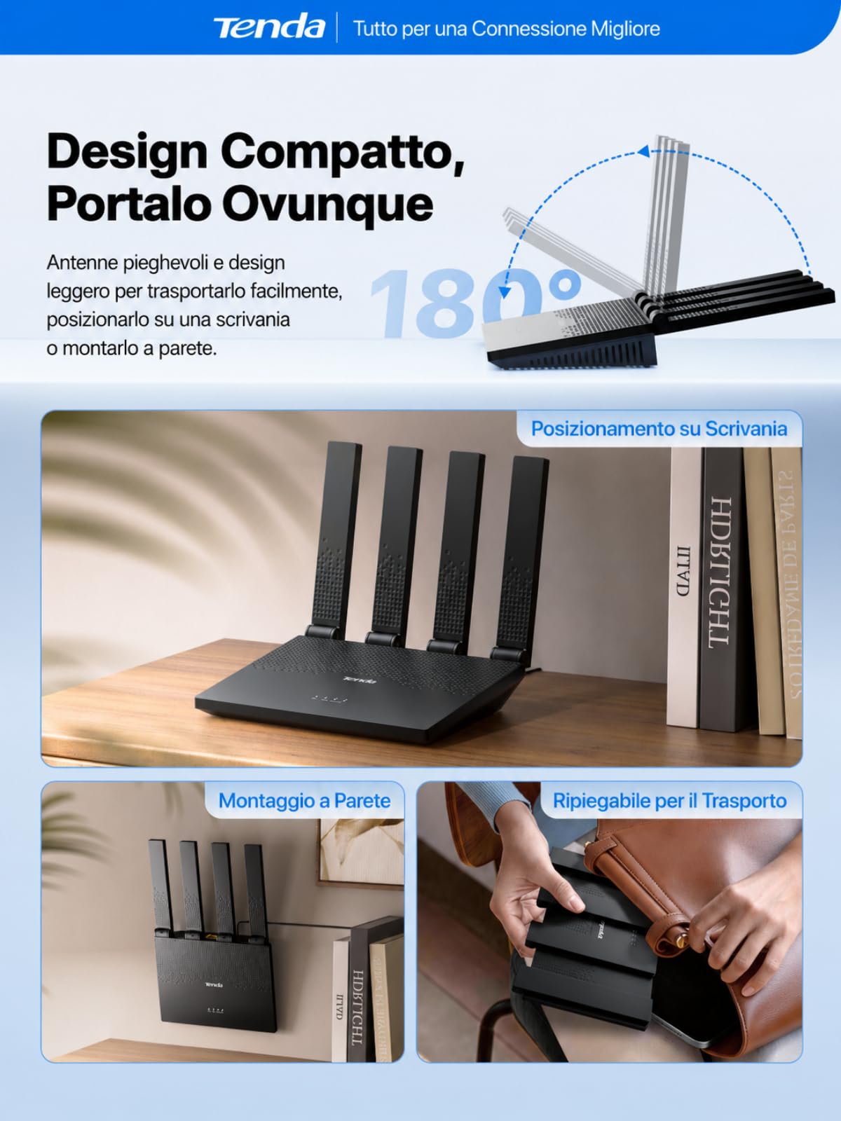 Tenda Router 4G con SIM Modem LTE Cat4 Wi-Fi N300 4G03 Pro V2.0 | 4 Antenne Pieghevoli, USB-C, Porta LAN/WAN, Plug & Play, Fino a 32 Dispositivi, Portatile per Casa, Camper e Viaggio