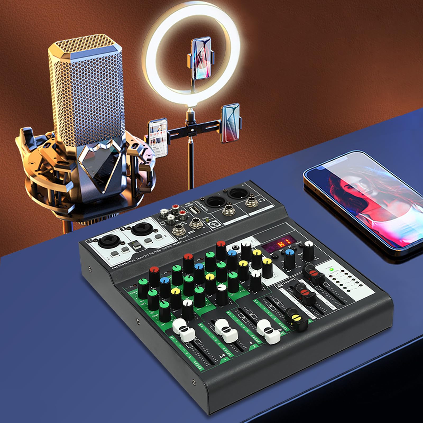 Mixer DJ a 4 canali con Bluetooth, USB e alimentazione phantom da 48 V, interfaccia audio compatta con 4 effetti sonori (High/Mid/Low/Reverb), mixer per studio domestico, spettacoli dal vivo, podcast