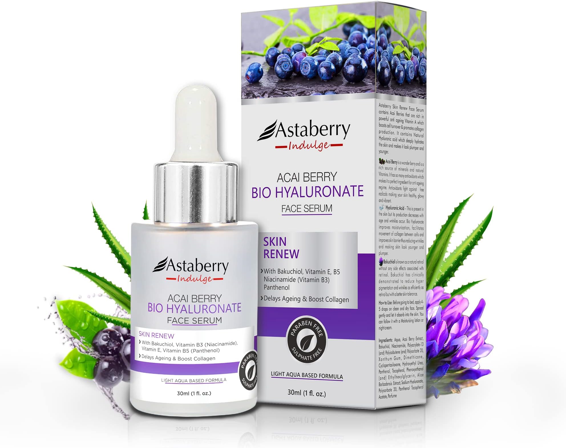 Acai Berry Anti Aging Facial Serum with Hyaluronic Acid, Bakuchiol Retinol, Niacinamide, Vitamin A - Firms, Lifts, Smooths, Evens Skin Tone, Eye Area, Fine Lines & Wrinkles