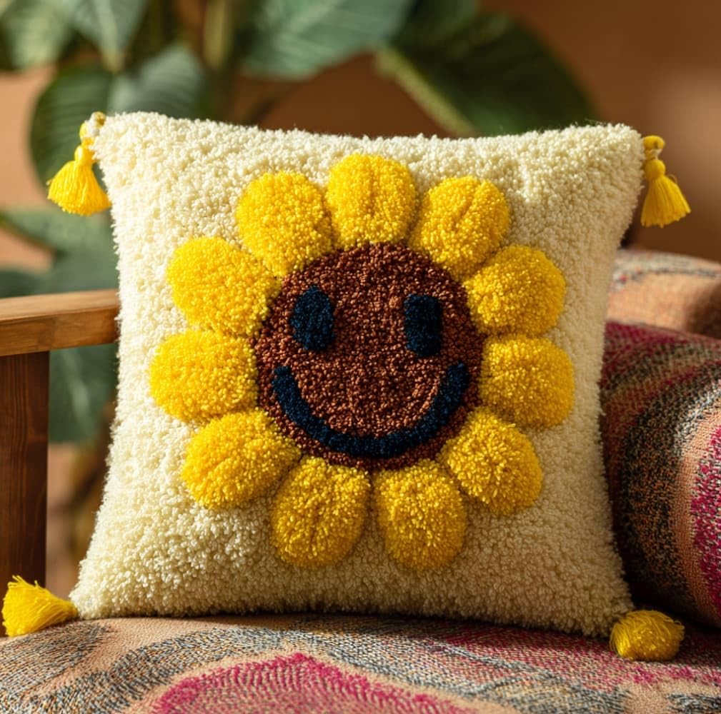 AxiangziK Latch Hook Pillow Kits 17x17in,Smiling Sunflower Printed Pillowcase Latch Hook Kits for Beginners Adults DIY Handmade Cushion Decoration Sofa
