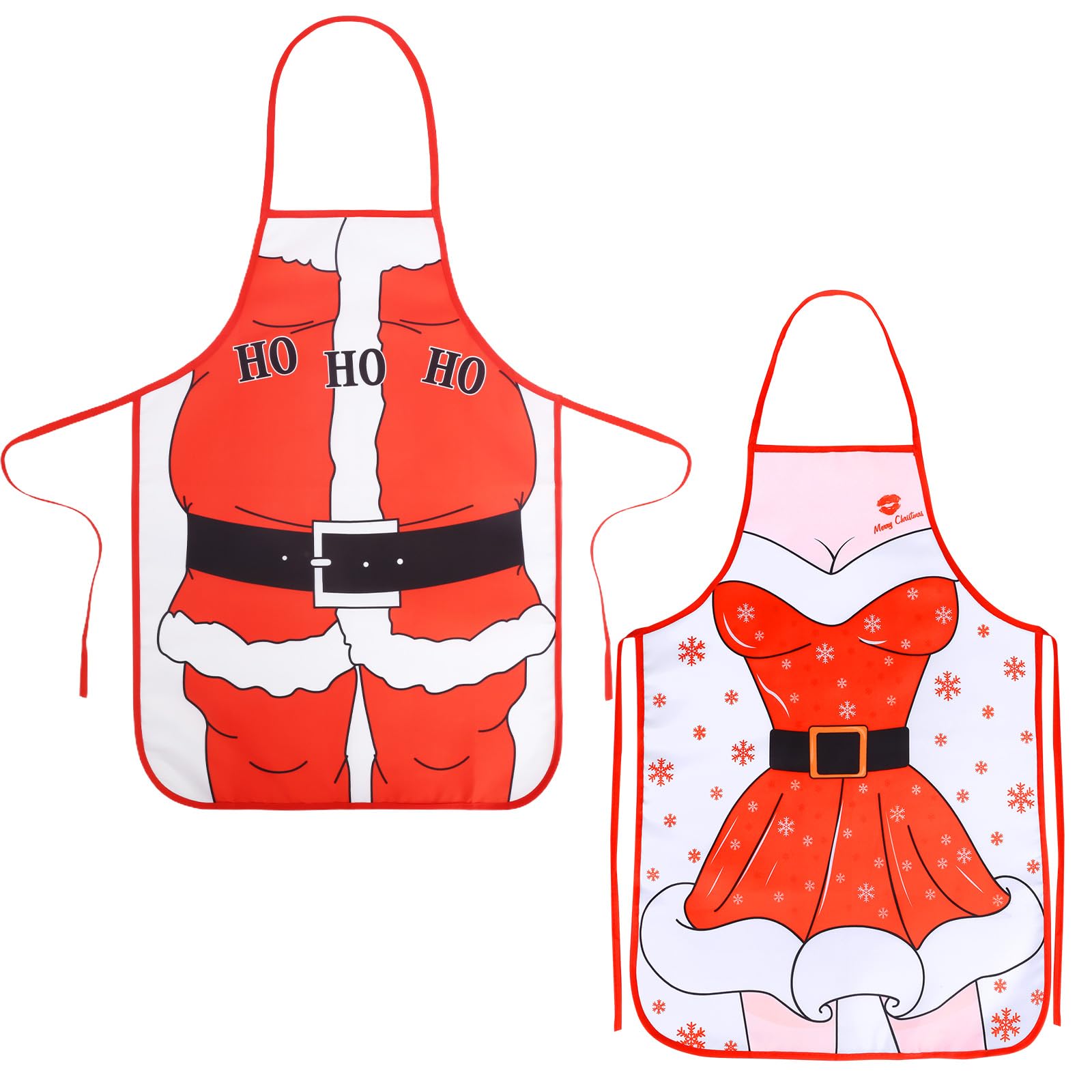 HONMOK 2pcs Delantal de cocina para Navidad Horneando Señora Sexy Belleza con falda rojo Papá Noel Divertido para Mujer Hombre esposa Marido babero Delantales de Barbacoa Novedoso Mandil Regalo BBQ