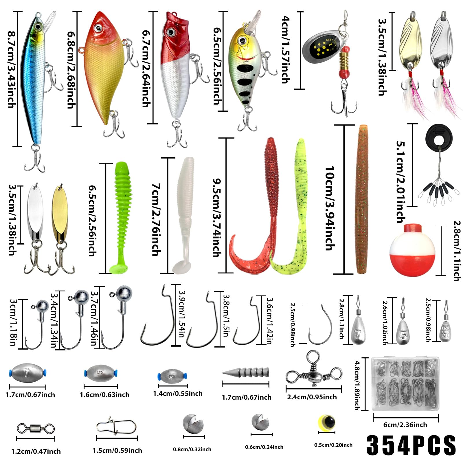 Kit de 354 pièces de matériel de pêche avec leurres, crochets, émerillons, poids et accessoires de bar pour pêcheurs en eau douce/eau salée