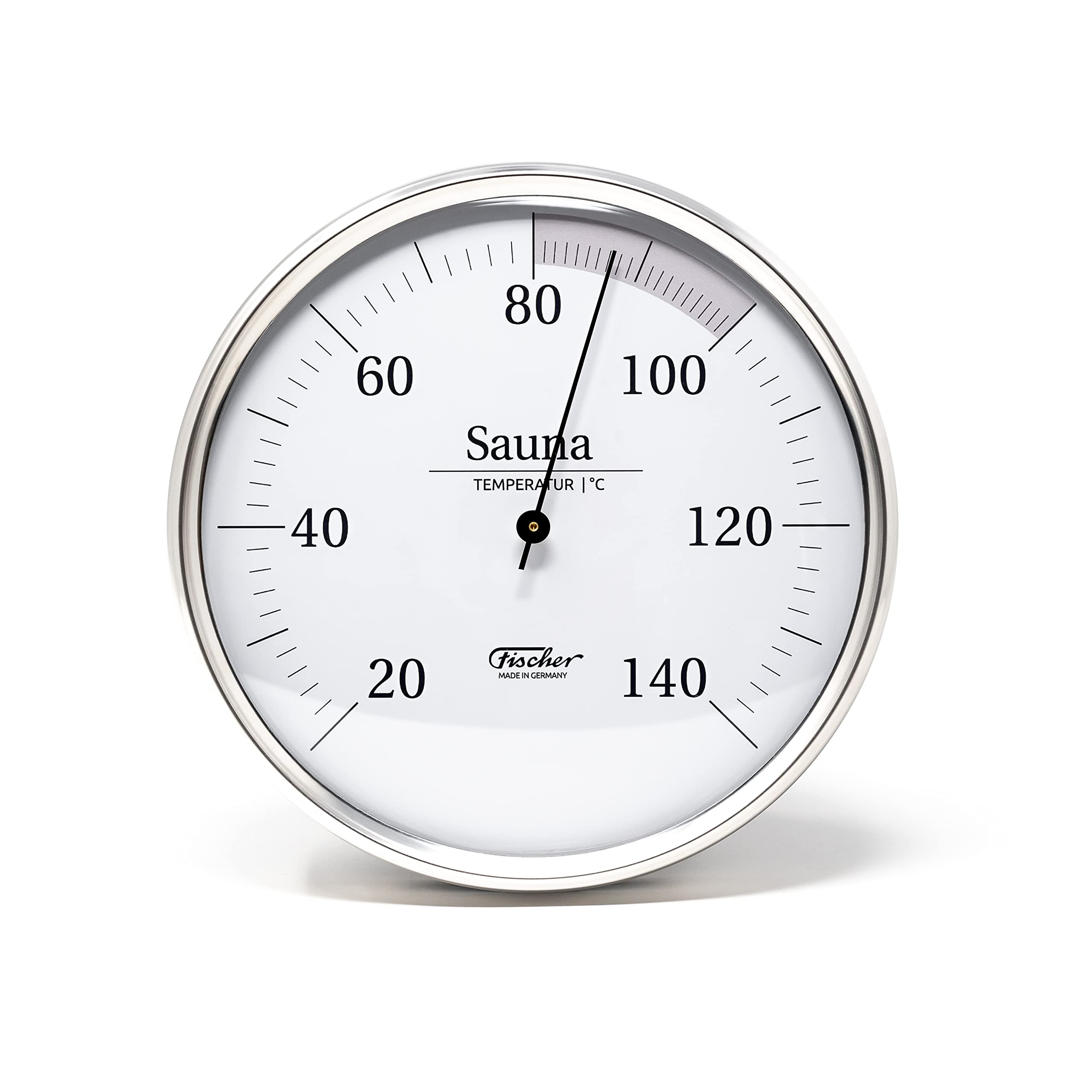 Fischer 197.01, Sauna-Thermometer, Glas, Edelstahl | Sauna-Bimetall-Thermometer, Messbereich 0-120 °C, 130mm Durchmesser, Made in Germany