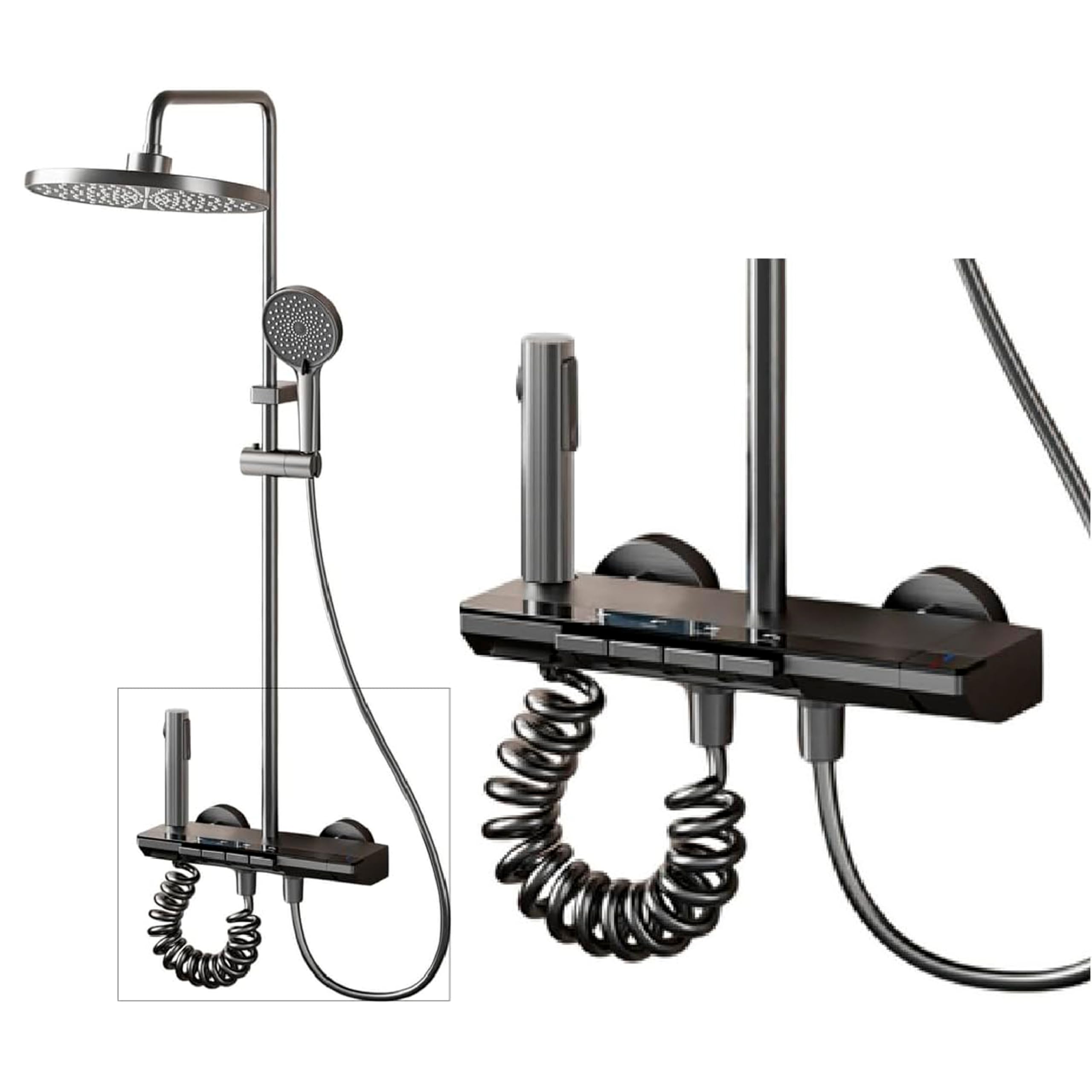 INEX EUROPA Colonna doccia nero grigio titanio con testa rotonda - colonna doccia 4 modalità e altezza regolabile - testa, getto, rubinetto e soffione doccia - 10 anni di garanzia