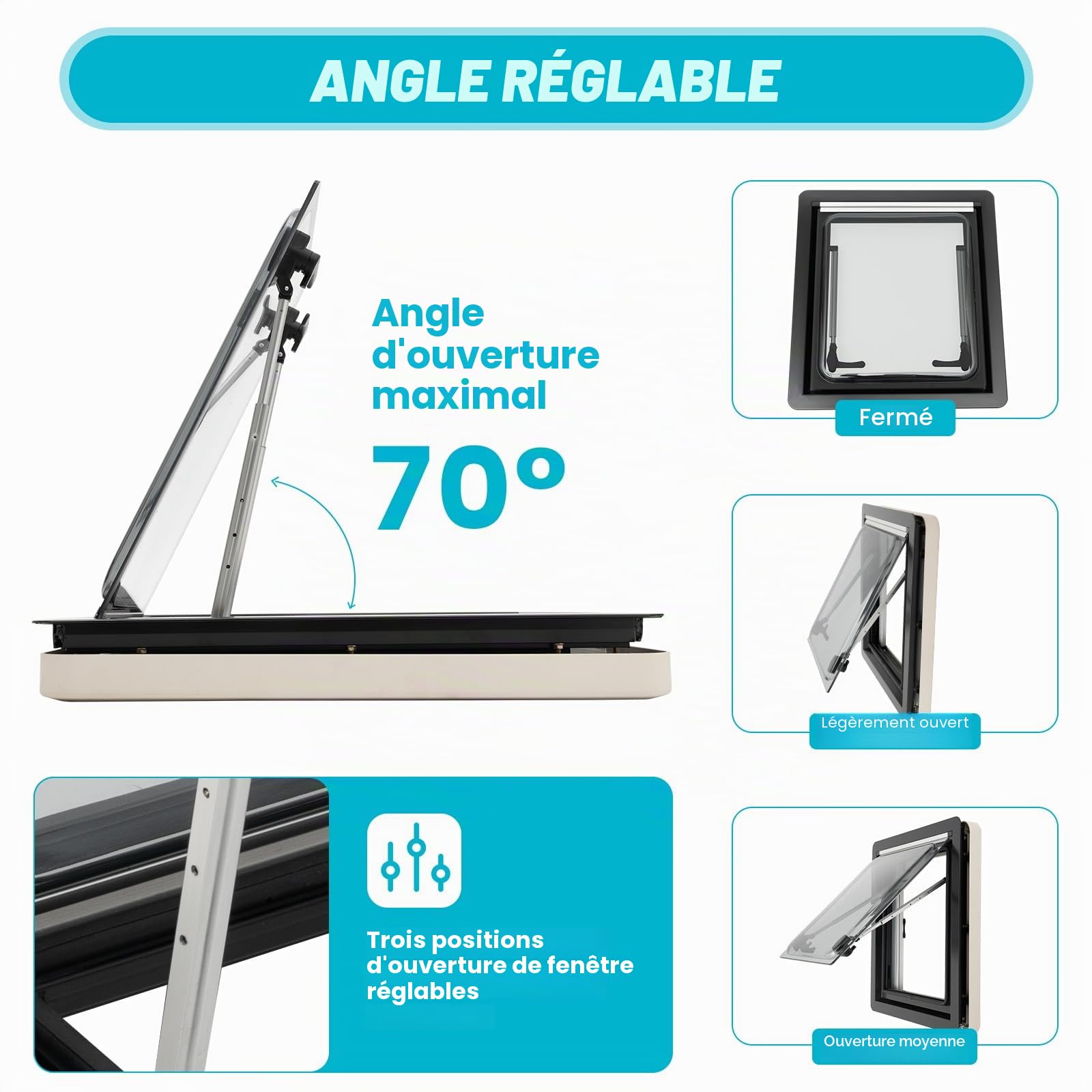 Fenêtre latérale pour caravane, 45x50 cm, fenêtre escamotable à ouverture pousser-tirer avec protection contre les insectes, protection visuelle, store occultant, pour caravanes, camping-cars et