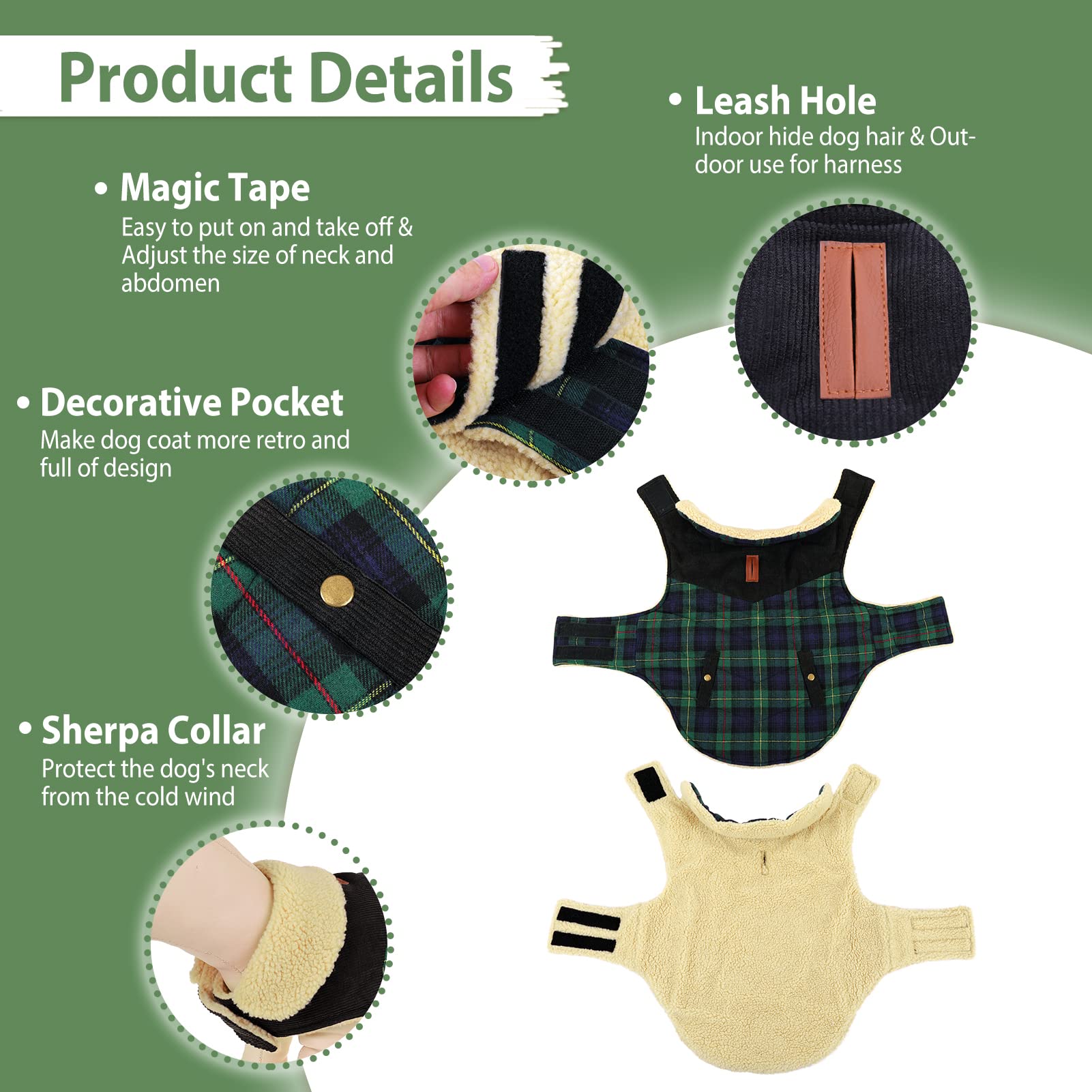 CITÉTOILE Caldo Cappotto Cane Plaid Classico, Cappotto per Cani Fodera in Pile, Giubbotto Caldo per Cani di Taglia Piccola/Media, Giacca Gilet Invernale per Cani con Foro per Imbracatura, Verde, M