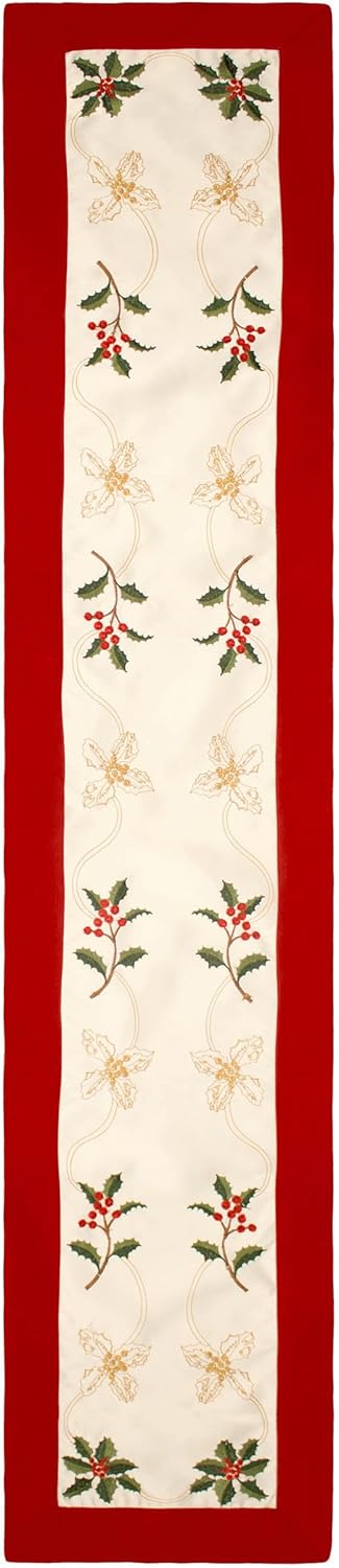 Holiday Holly Berries Embroidered 14 x 72 in. Table Runner with Red Trim Border