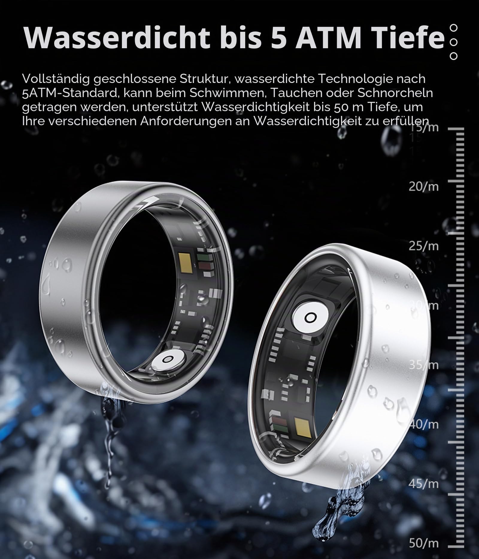 Smart Ring Fitness Ring Tracker Smartringe für Herren Damen Schrittzähler Aktivitätstracker 5ATM Wasserdicht Schlaftracker Smartring Herzfrequenz Pulsmessser Fitnesstracker Android iOS Größe 8