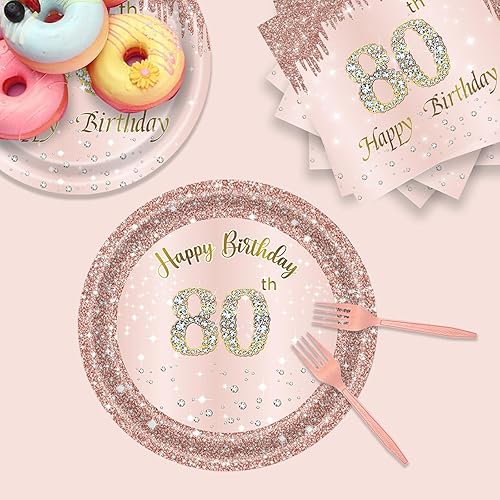 Miniatura 4 de 24 juegos de decoraciones de fiesta de cumpleaños de oro rosa 80 para mujeres, platos de cumpleaños de 80 y servilletas, tenedores, suministros de