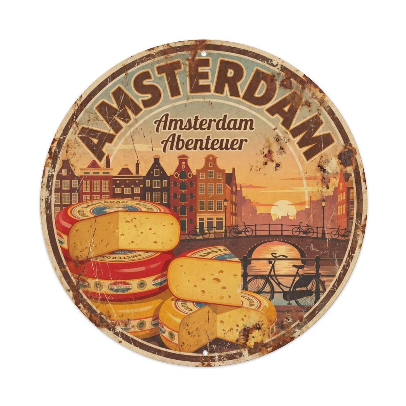 Vintage Travel Dutch Cheese Market Metal Tin Sign Plaque Wall Decor for Cafe, Club, Garden Round Metal Poster 8x8Inch