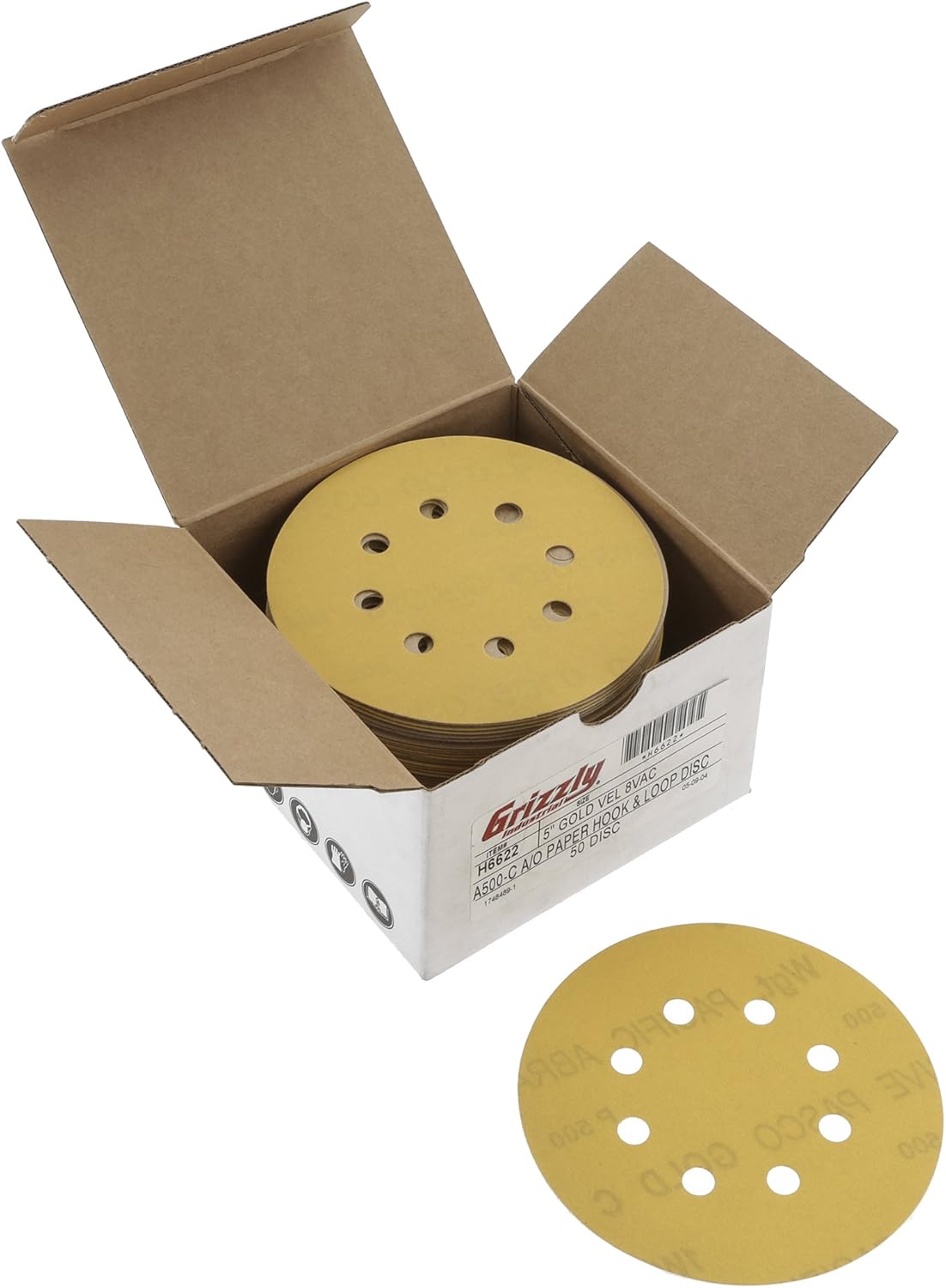 Grizzly H6622 5Inch Sanding Disc, A500C Hand Length 8 Hole, 50Piece