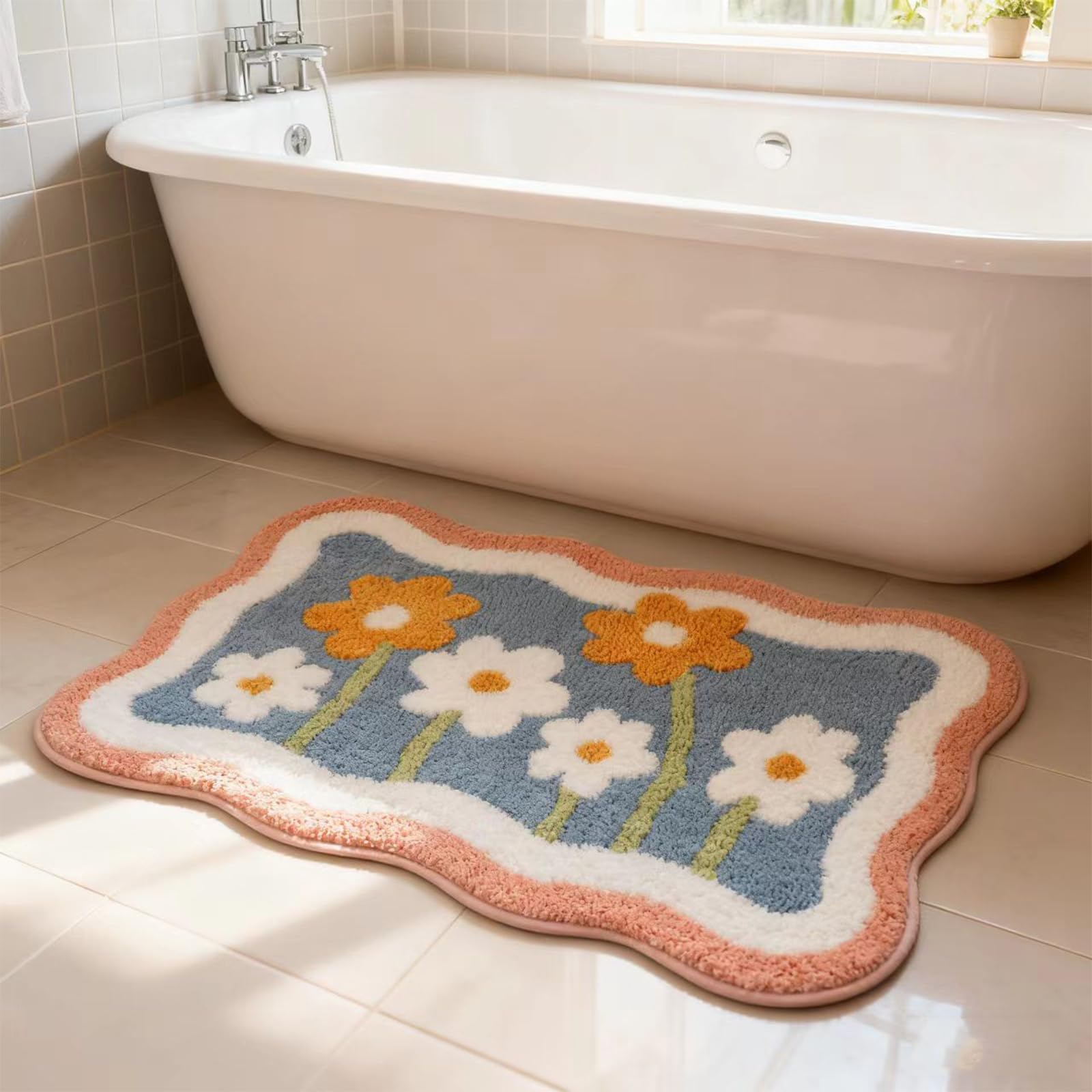Hi Space Bathroom Rugs Mat 31.5x19.7IN Pink Bath Mat for Bathroom Non Slip Machine Washable Soft Absorbent Cute Flower Bath Rug Plush Bath Carpet for