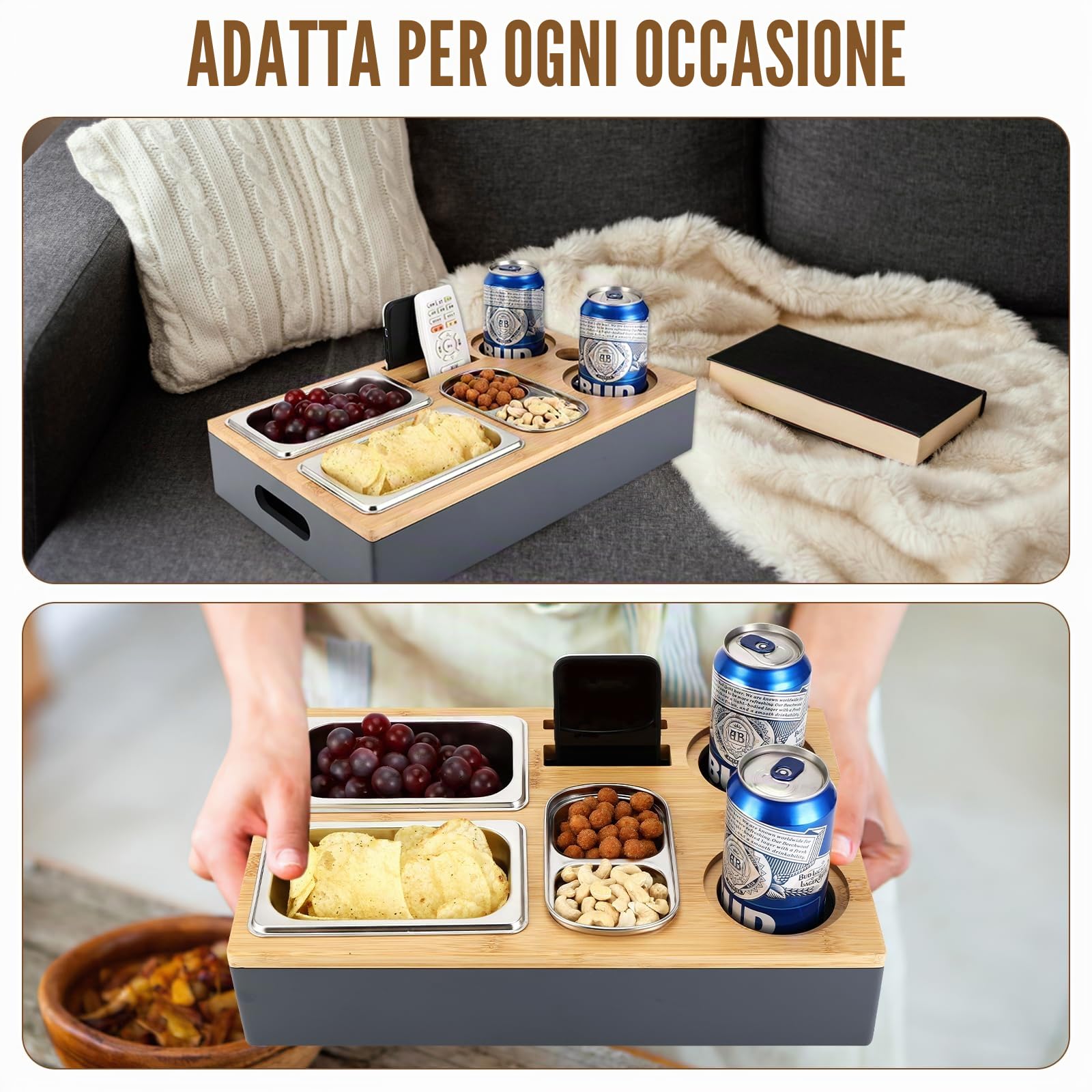 Collazoey Snackbox da Divano, con Contenitori per Snack in Acciaio Inox, con Coperchio Rimovibile, Vassoio da Divano, Supporto per Divano per Soggiorno, Camera da Letto, Giardino, Campeggio