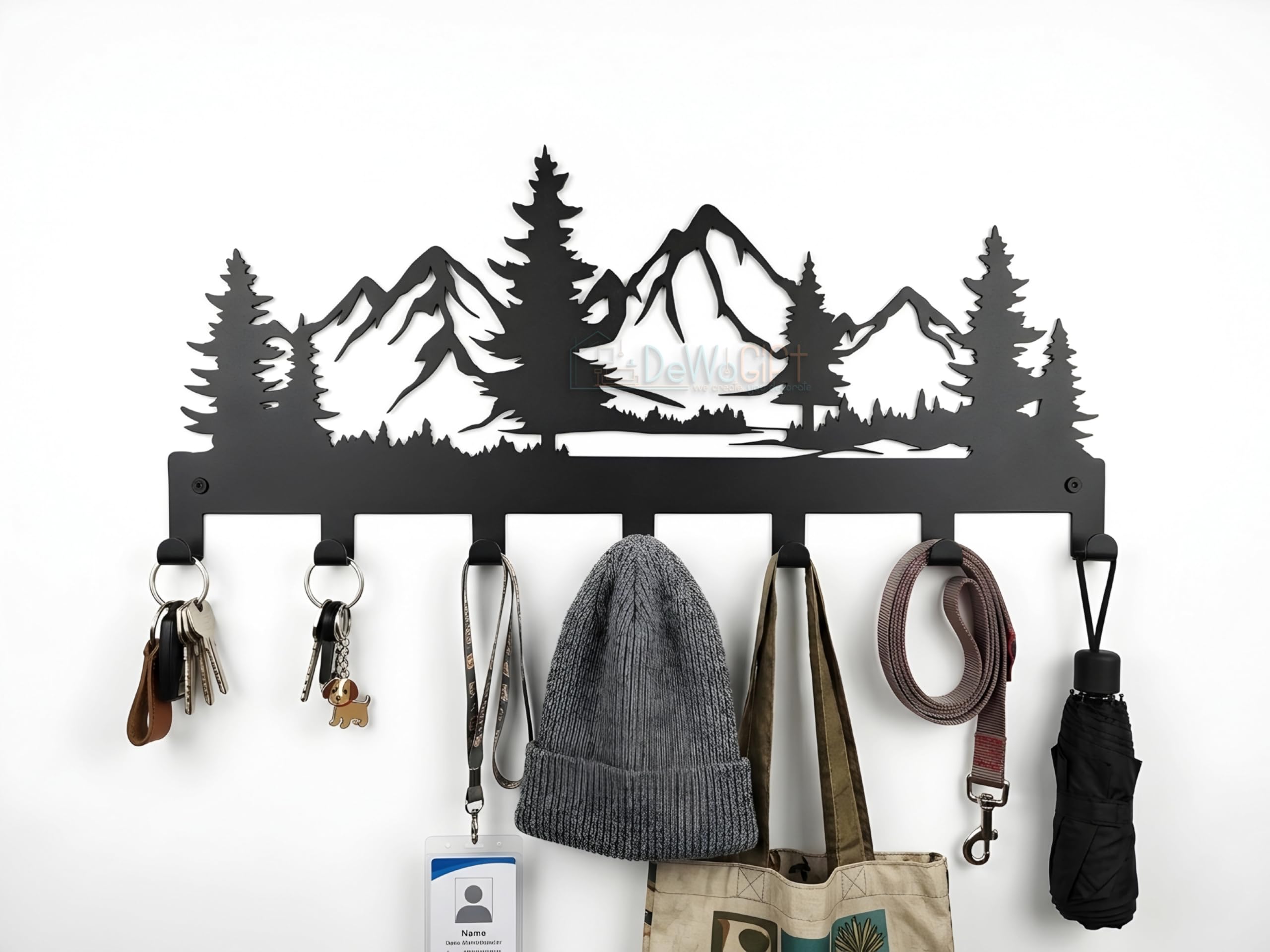 Premium Metal Key Holder for Wall Stylish - 7 Hook Mountain & Forest Silhouette Design - Decorative Wall Mounted Key Stand, Coat Rack, Bag Hanger & Entryway Organizer for Home Decor (Black)-image-21