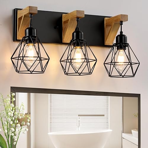 Miniatura 8 de Lámpara de tocador de baño de 3 luces, lámpara de baño de madera, apliques rústicos con elegante pantalla de metal para sala de estar, dormitorio,
