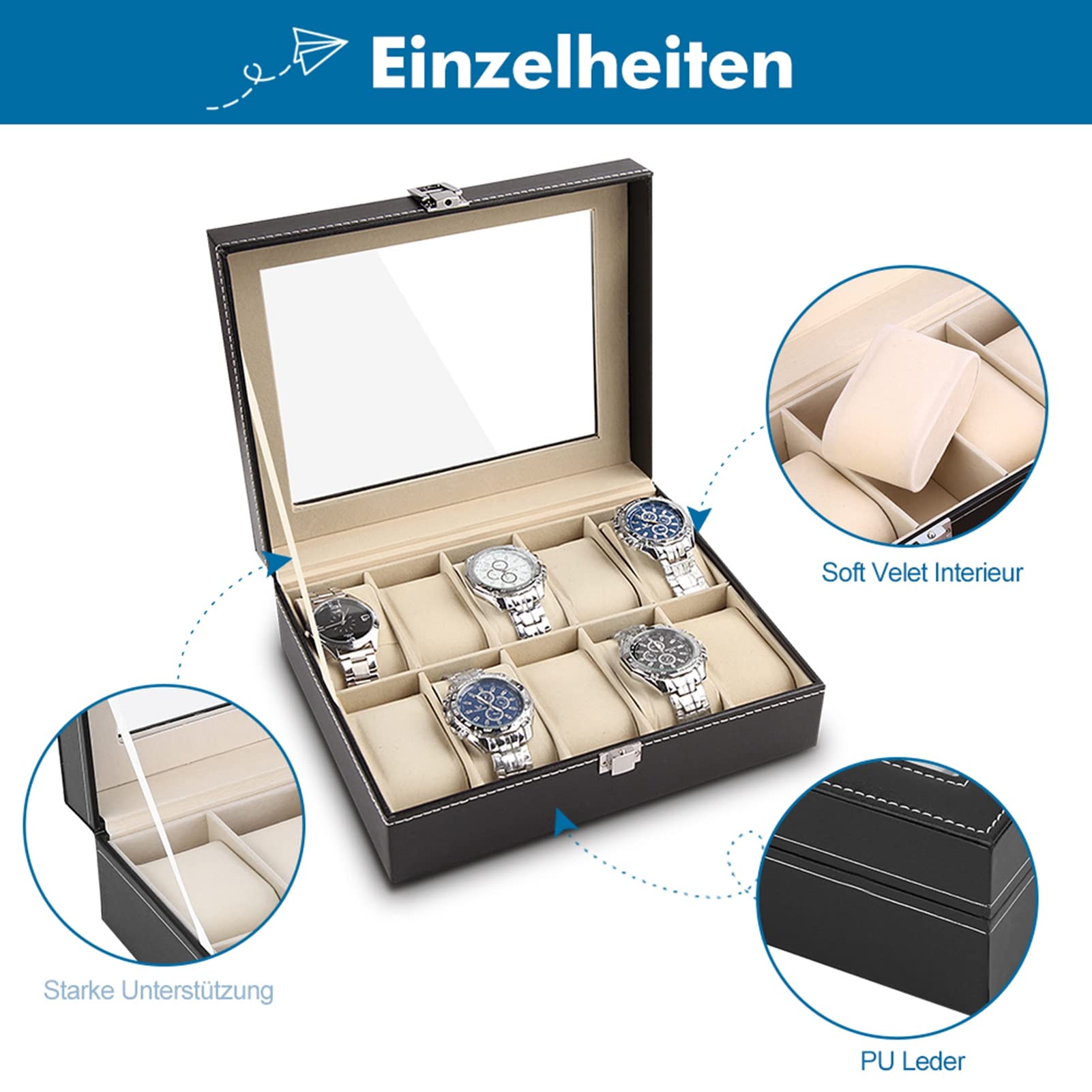 Ejoyous Caja de almacenamiento de 10 rejillas, caja de reloj para 10 relojes, funda de piel sintética con tapa de cristal y cojín para reloj, para hombre y mujer, decoración, coleccionar y regalar