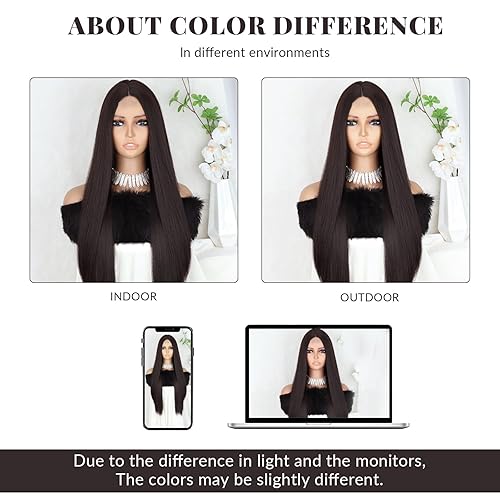Miniatura 6 de Xinran Pelucas largas y rectas de color marrón oscuro para mujer, aspecto natural, uso diario, fiesta, peluca completa de 30 pulgadas (marrón oscuro)