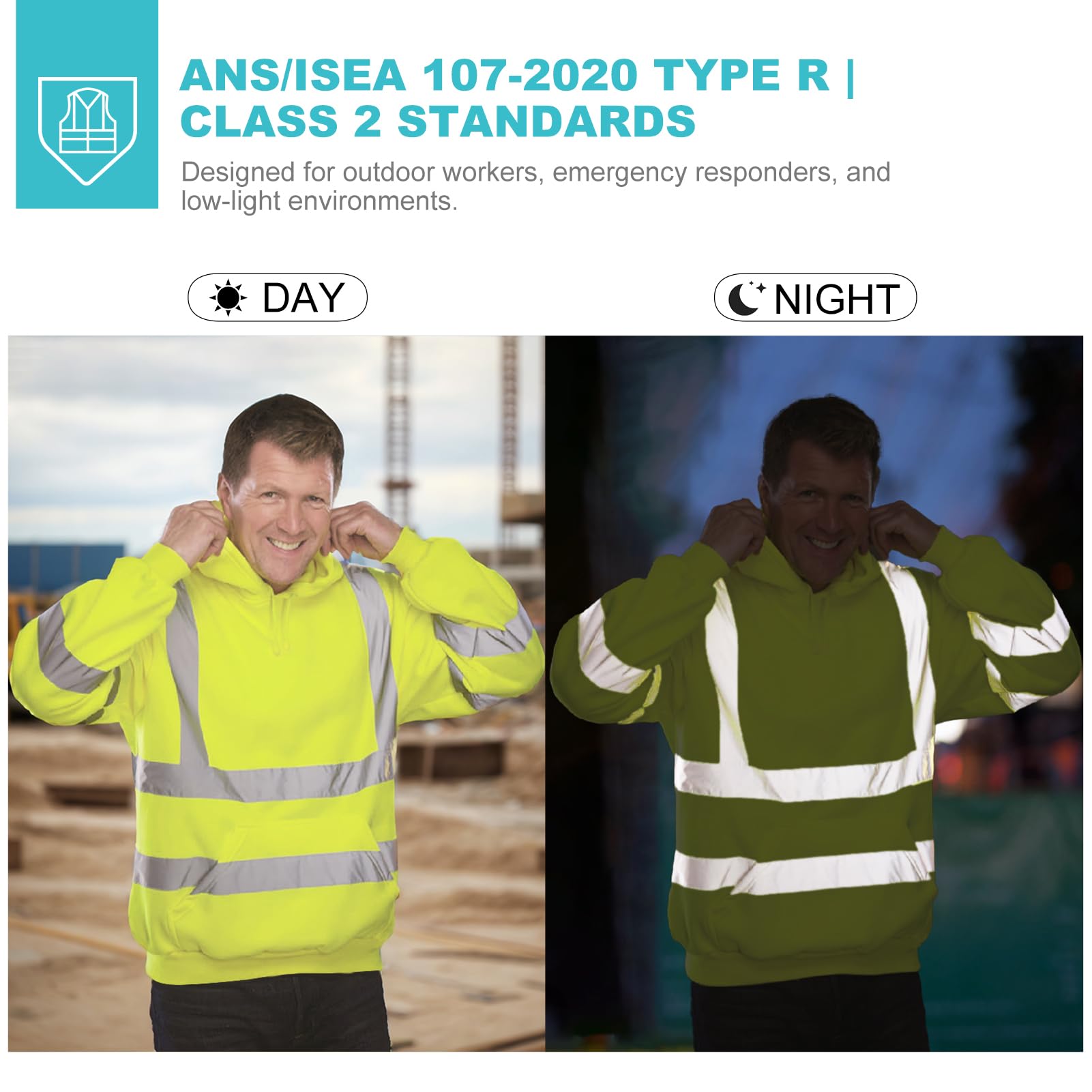 RadiantGear High Visibility Safety Sweatshirt for Men, Class 3 Reflective Zippered Hooded Sweatshirt, Hi-Vis Safety Hoodie with Yellow(M-3XL)