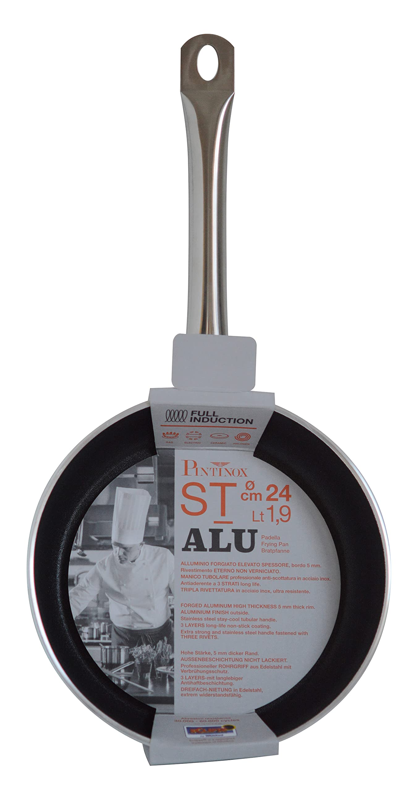 PINTINOX padella in alluminio coniato ad alto spessore ST-ALU antiaderente 3 strati e manico tubolare in acciaio, adatta all'induzione (diam 32)