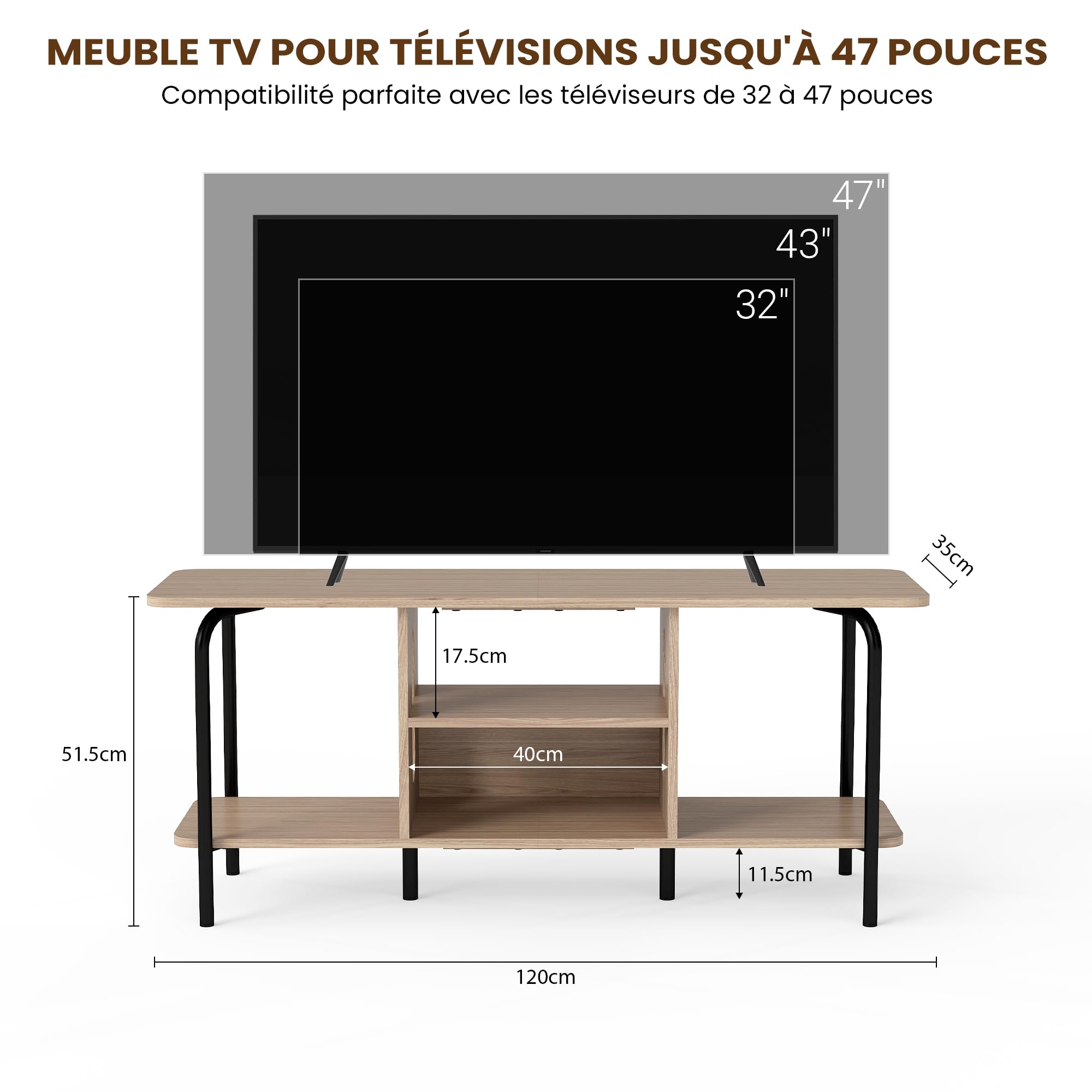 Manora Meuble TV 120 cm de Longueur, Meuble Tele avec 4 Espaces de Rangement Ouverts, Meuble Télé Bois, Structure en Acier Solide，2 Pieds Centraux Réglables, Meuble TV aux Coins Arrondis (Chêne)