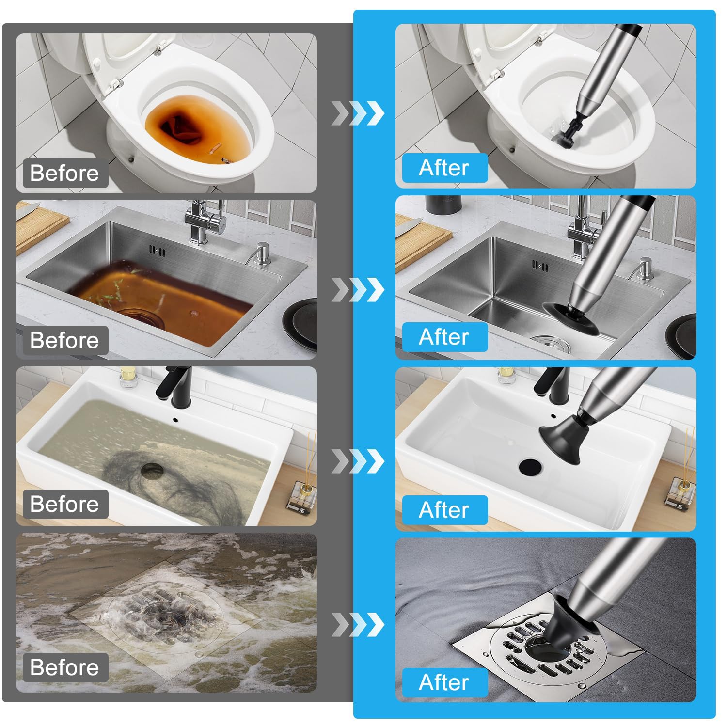 Desatascador de inodoro de alta presión rápida con barómetro, herramienta de desatasco y desatascador de drenaje de aire resistente para baño, inodoros, fregaderos, bañeras, tuberías, kit de