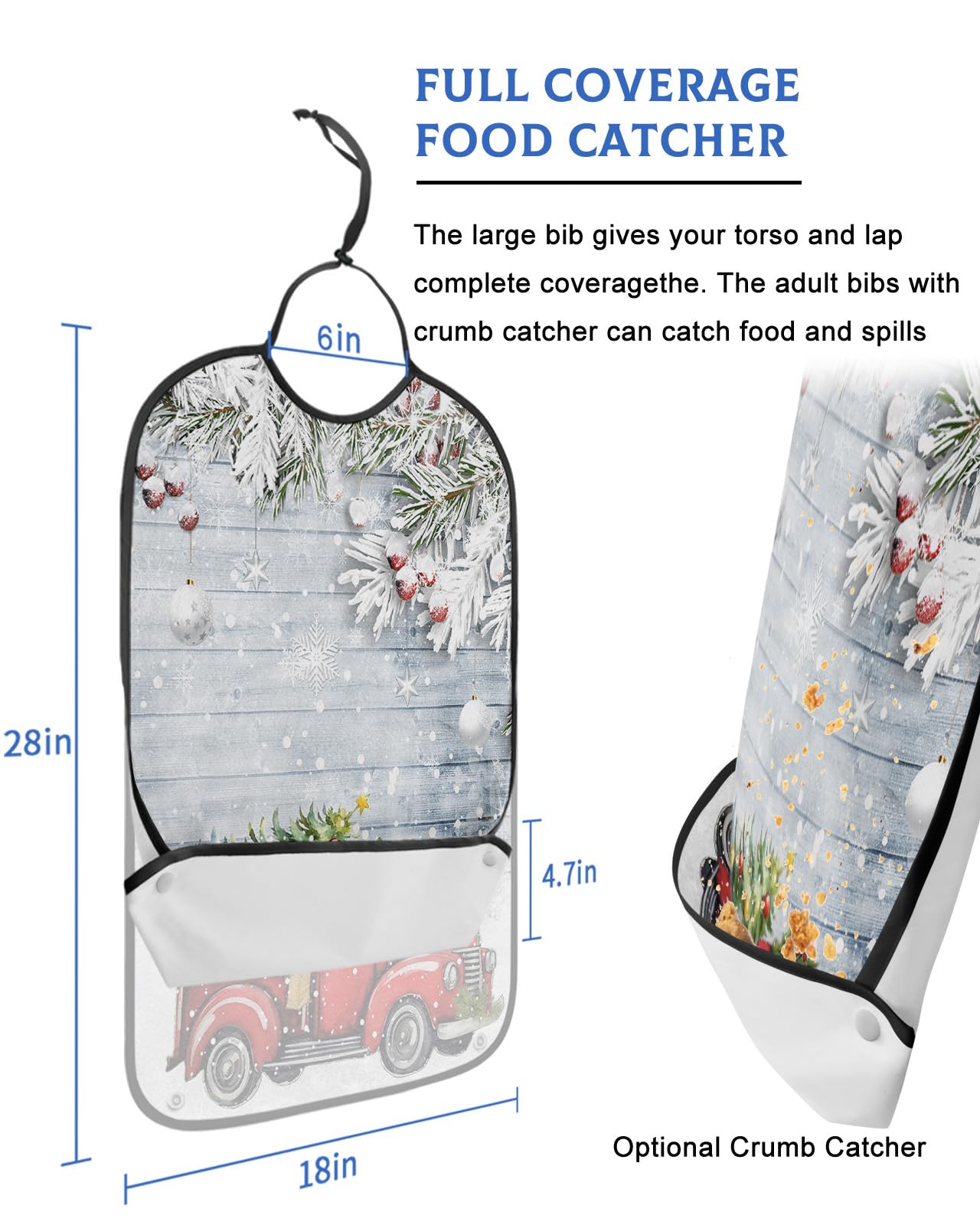 LEOKOTI Red Truck Christmas Adult Bibs for Eating, Waterproof Bibs with Food Catcher & Adjustable Snap Closure, Xmas Tree Balls Winter Snowflake Washable Clothing Protectors Adult Bibs for Elderly