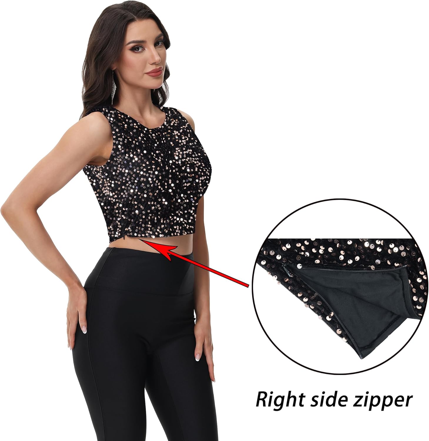 Anna-Kaci Women's Sequin Sleeveless Tops Sparkle Glitter Crew Neck Club Party Nightout Crop Tank Top - Image 3