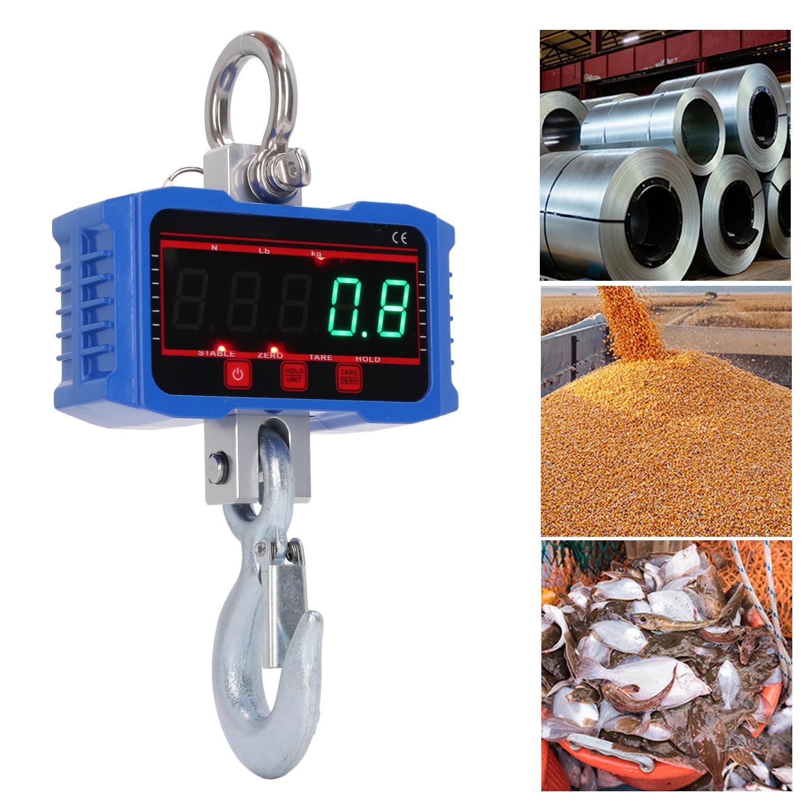 Bilancia digitale sospesa, display LED ad alta precisione per pesca in magazzino, in lega di acciaio blu (1000 kg/2000 lb)