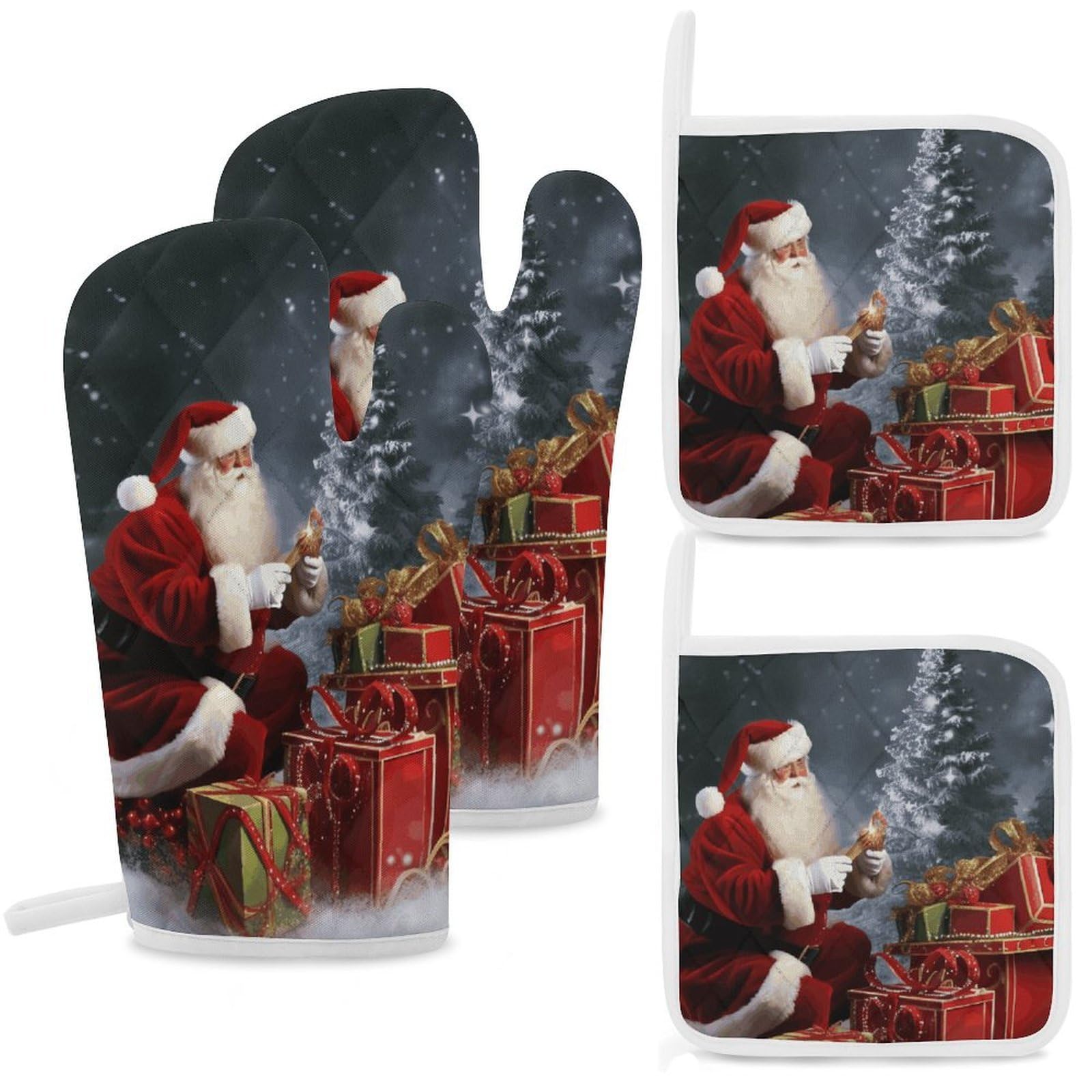Merry Christmas Santa's Gift Oven Mitts and Pot Holders Sets Heat Resistant Oven Glove with Hanging Loop for Baking Cooking BBQ Thicken Potholders for Kitchen