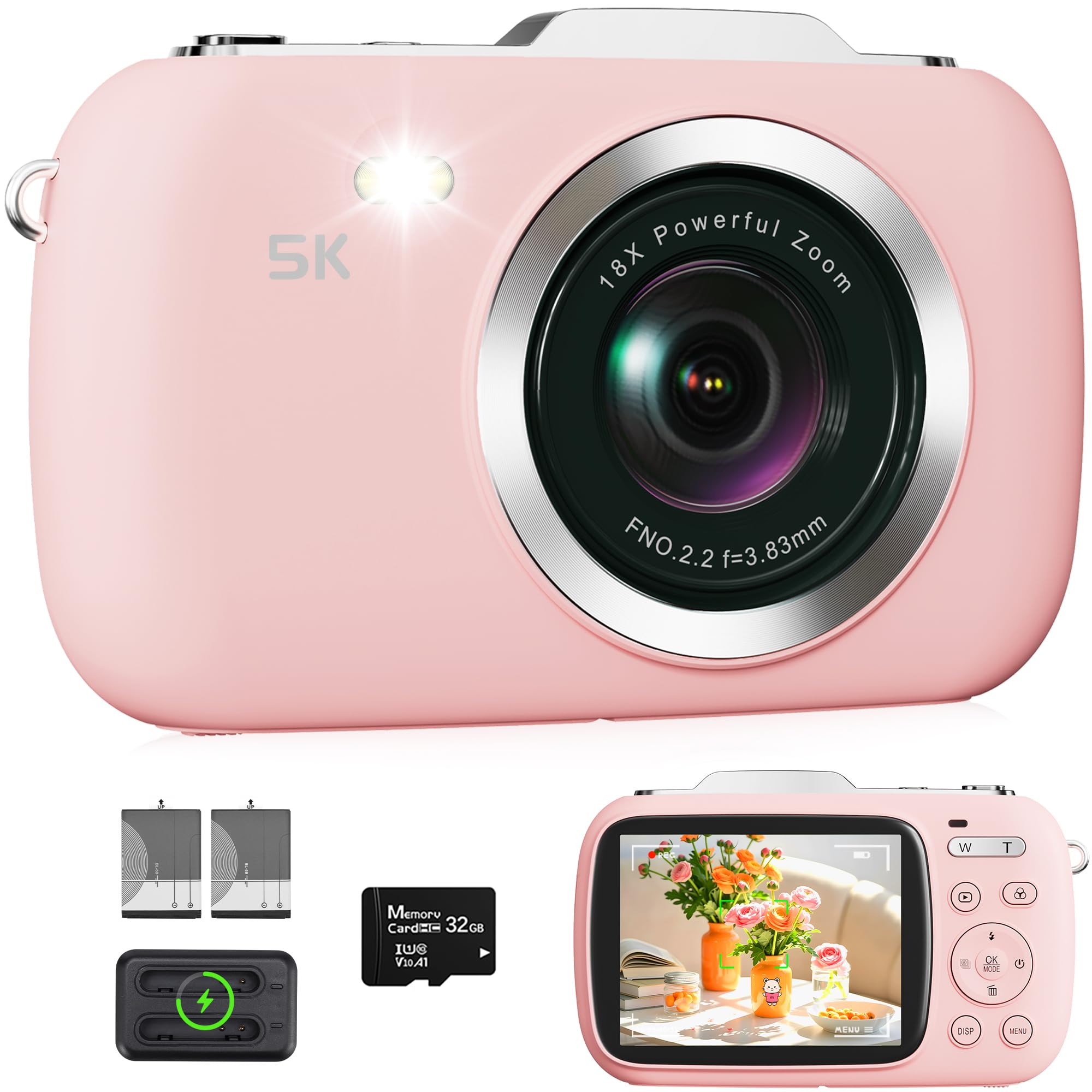 Digital Camera Vlogging Camera 5K 80MP 2.8" Screen 18X Digital Zoom, Pink