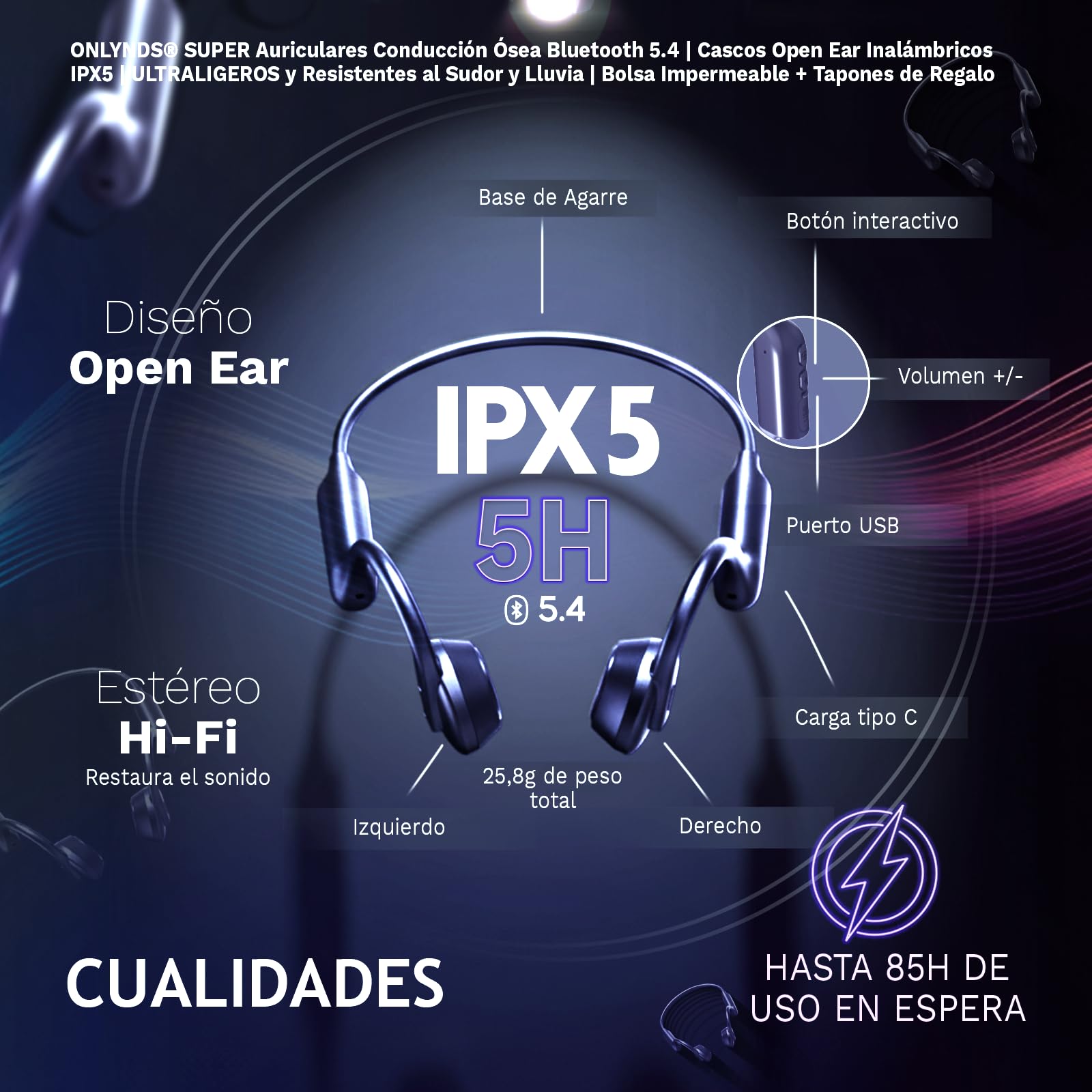 Onlynds Super Auriculares Conduccion Osea Premium Bluetooth 5.4 | Cascos Open Ear Inalámbricos IPX5 | ULTRALIGEROS | Resistentes al Sudor y Lluvia | Bolsa Impermeable INCLUIDA. — view 2