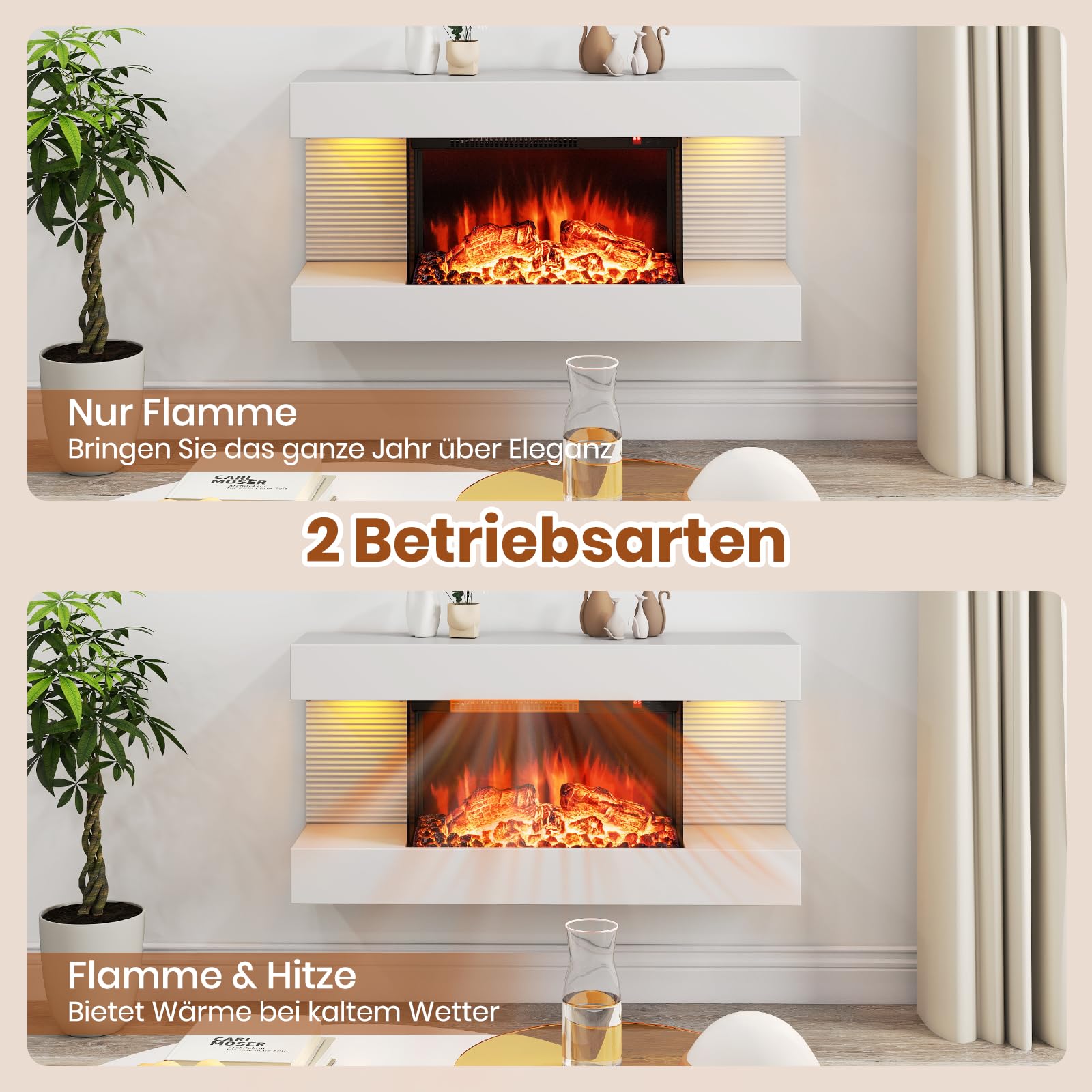 RELAX4LIFE Elektrokamin mit heizung & LED-Ambientelicht, 32" schwebender Kamin mit 3D-Flammeneffekt, Deko Wandkamin mit Fernbedienung, Standkamin 750W/1500W, 12 Flammenfarben, 8H-Timer, 17℃-28℃, Weiß