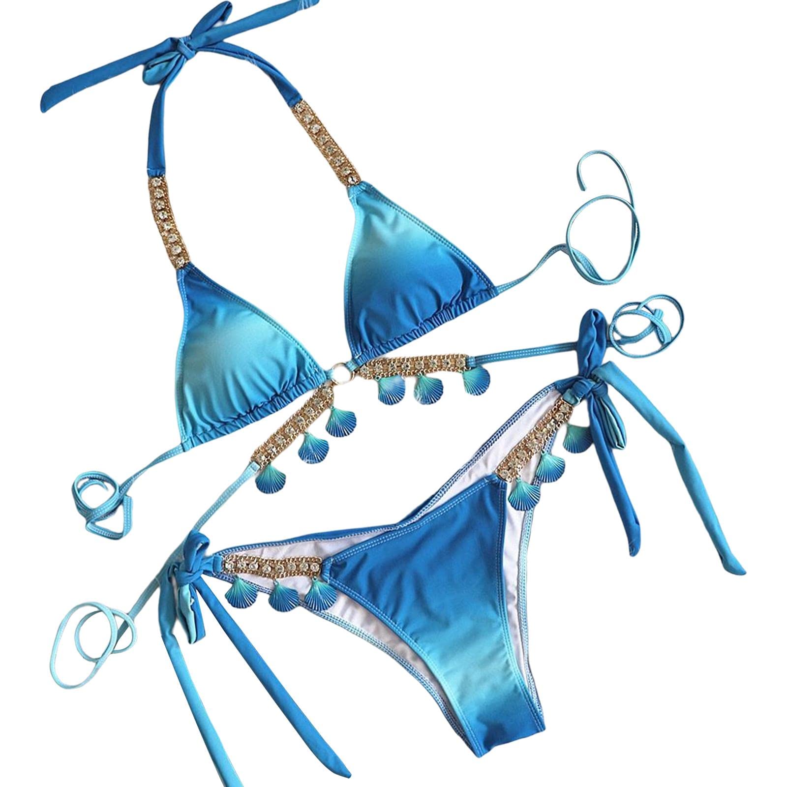 nivaa Women Bikini Set Diamond Shell Chain Triangle Top Swimsuit Swimwear Blue S-picture-35