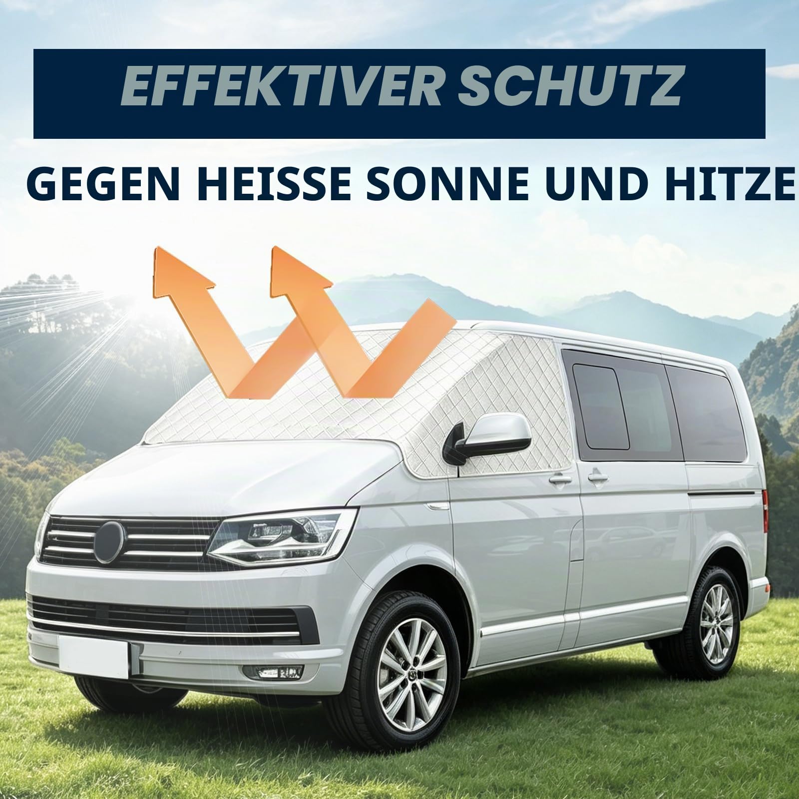 Sonnenschutz Auto Frontscheibe außen passend für VW T6, Windschutzscheibe Abdeckung Sommer, Sonnenblende Faltbar mit Aufbewahrungstasche, Thermomatten Fahrerhaus für Transporter Wohnmobil