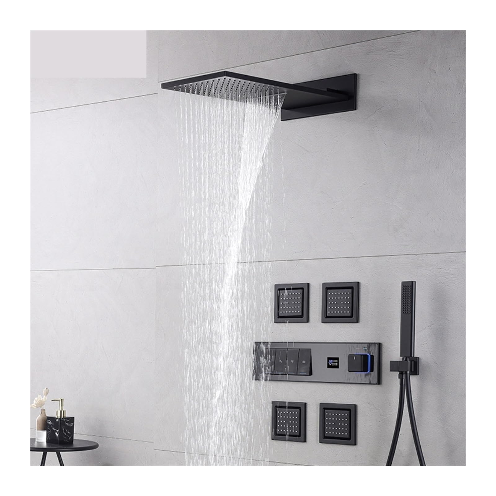 Sistema de Ducha, de ducha baño negro gama alta, diseño llave pared con pantalla digital intelinte, fría y caliente cuatro funciones(Brushed Grey)