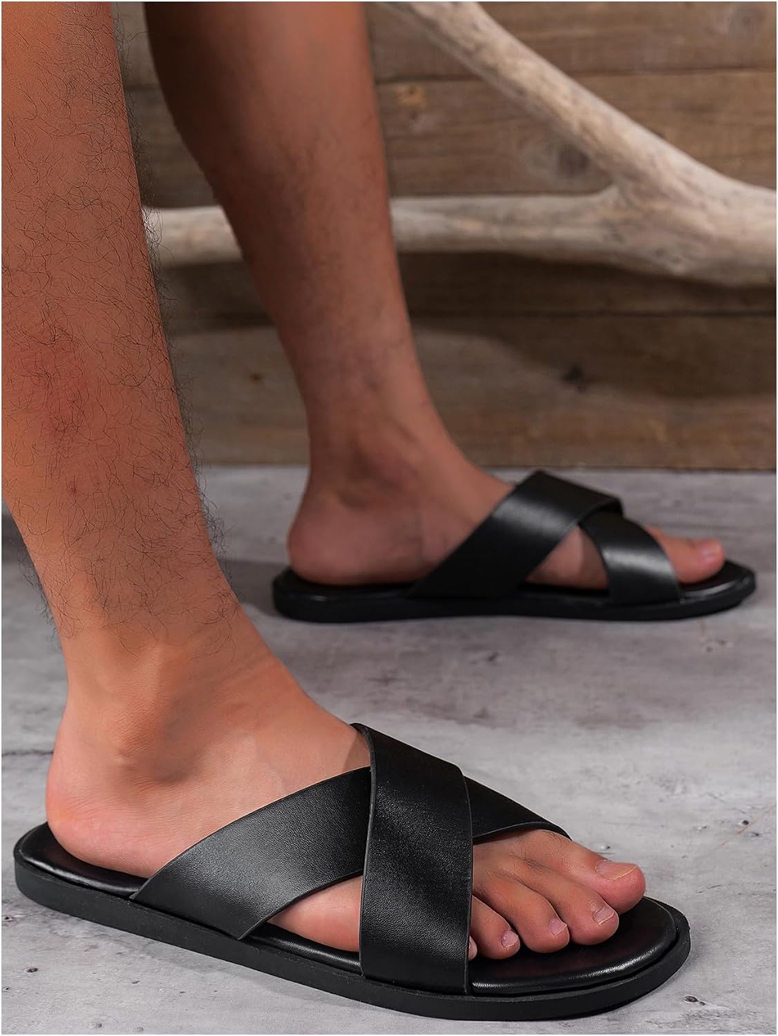 GORGLITTER Men's Leather Flip Flops Sandals 2026 Footwear Criss Cross House Slippers Summer Beach Slide Sandals