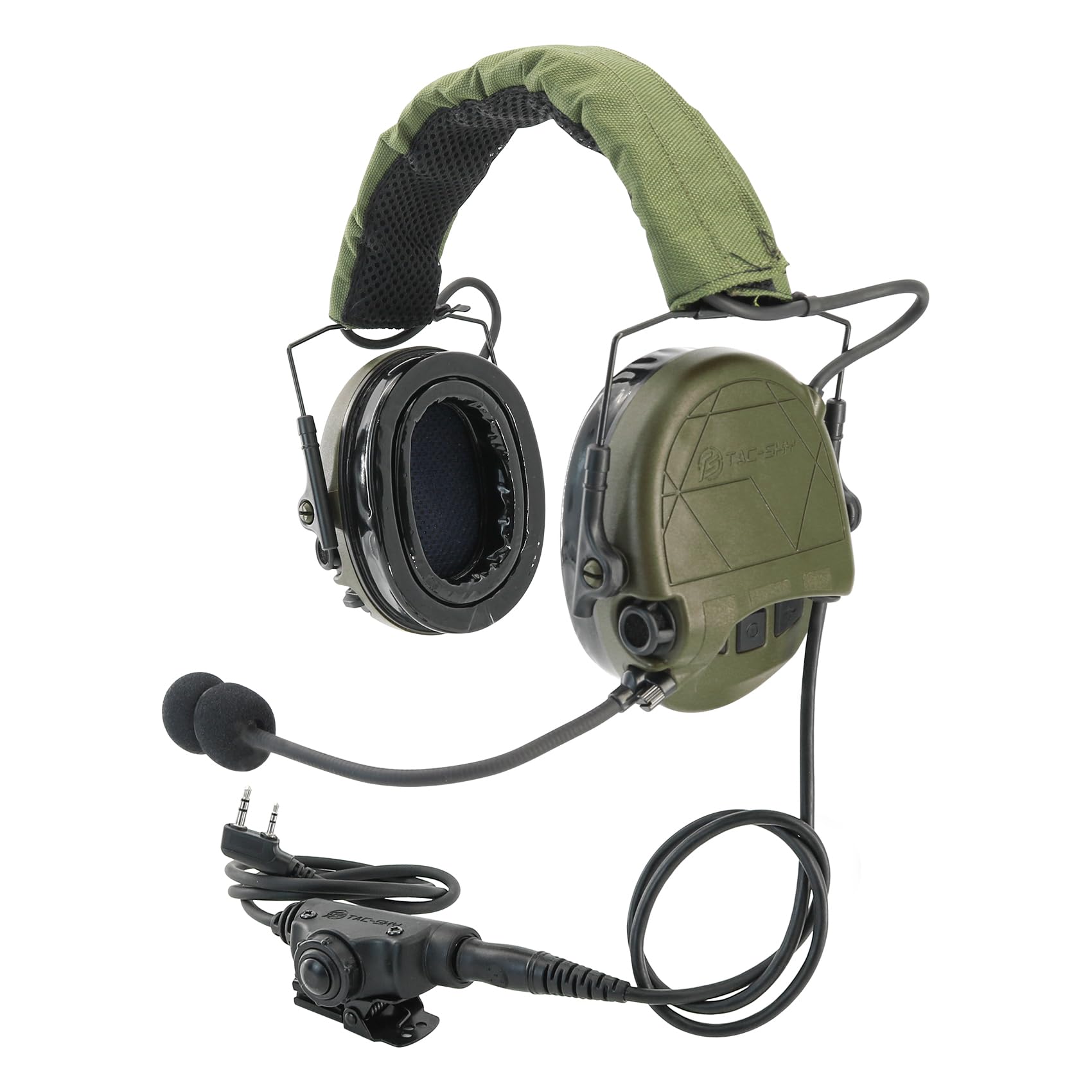 TAC301 Elektroniczny zestaw słuchawkowy taktyczny z mikrofonem i ochroną słuchu z U94 PTT (zielony khaki)