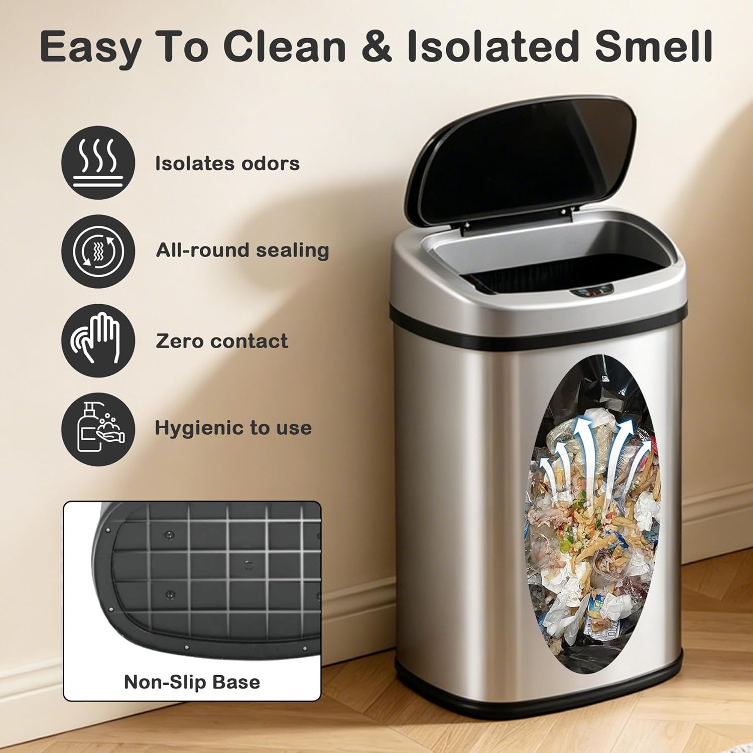 Kitchen Trash Can, 13 Gallon Automatic Gabage Can with Lid and Motion Sensor for Kitchen Home Office Bedroom Bathroom Living Room, Kitchen Garbage Can Touchless Trashcans Stainless Steel Can