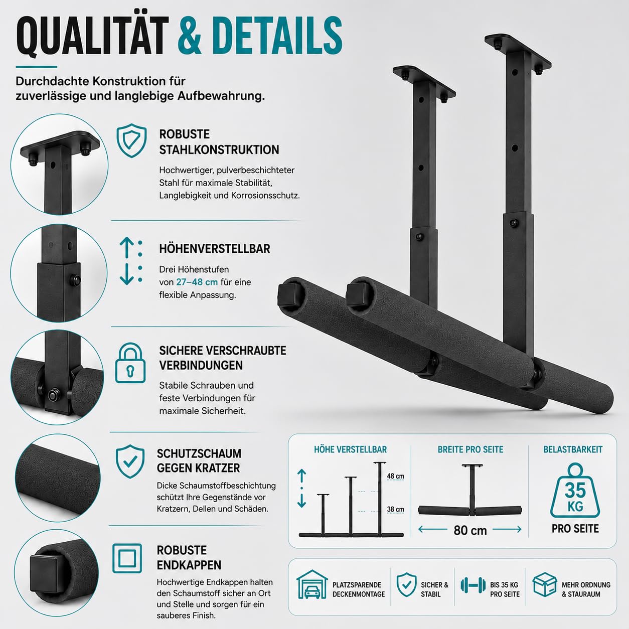 QLS Lot de 2 étagères suspendues pour plafond, échelle, kayak, planche de surf, rangement d'outils - Noir