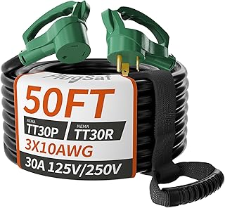 50 FT 30 Amp RV Extension Cord Outdoor with Grip Handle, Flexible Heavy Duty 10/3 Gauge STW RV Power Cord Waterproof with Cord Organizer, NEMA TT-30P to TT-30R, Black-Green, ETL Listed PlugSaf
